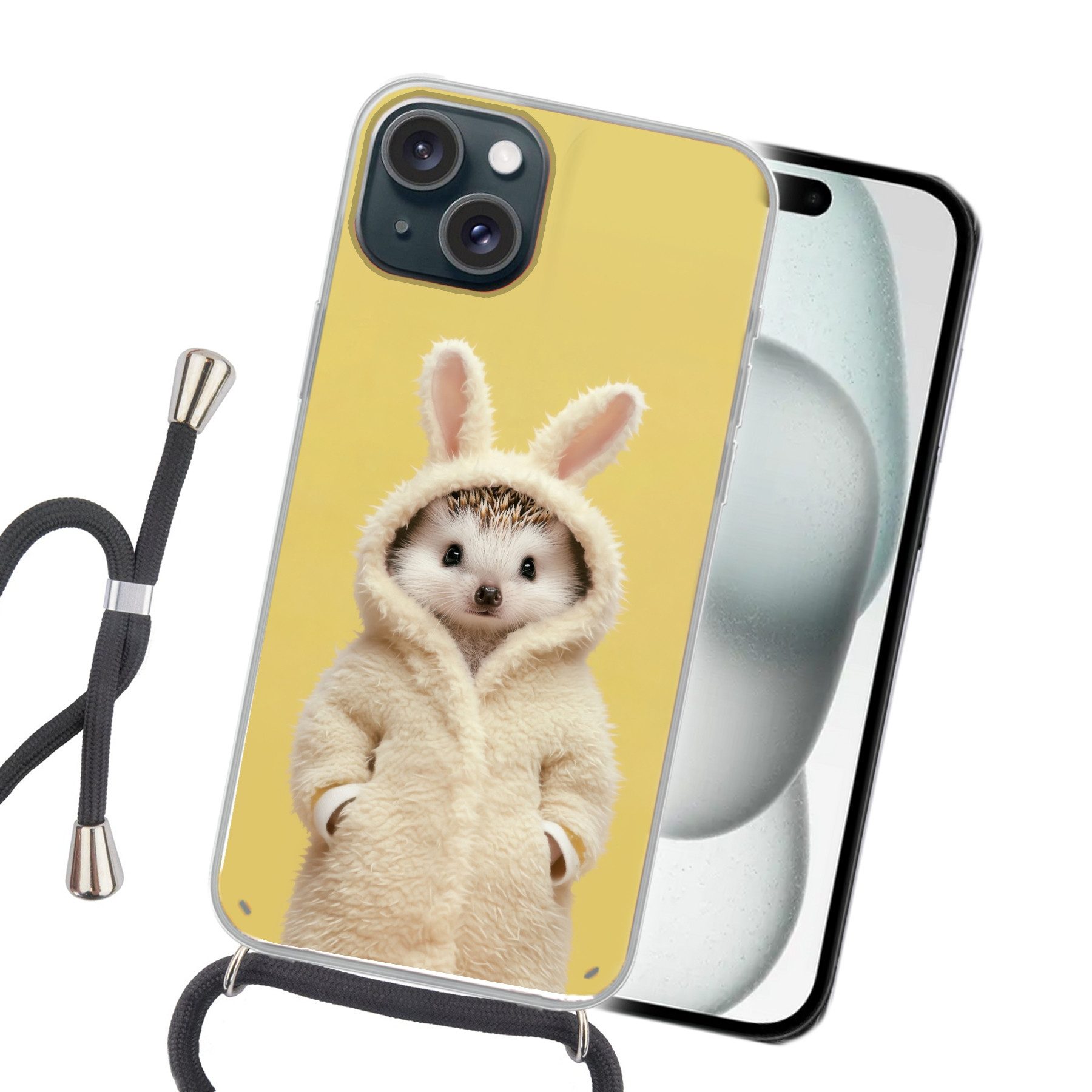 MuchoWow Handyhülle für Apple iPhone 15 Igel - Osterhase - Kostüm, Tragbare Handyhüllen mit Kette zum umhängen, Handykette Handyband