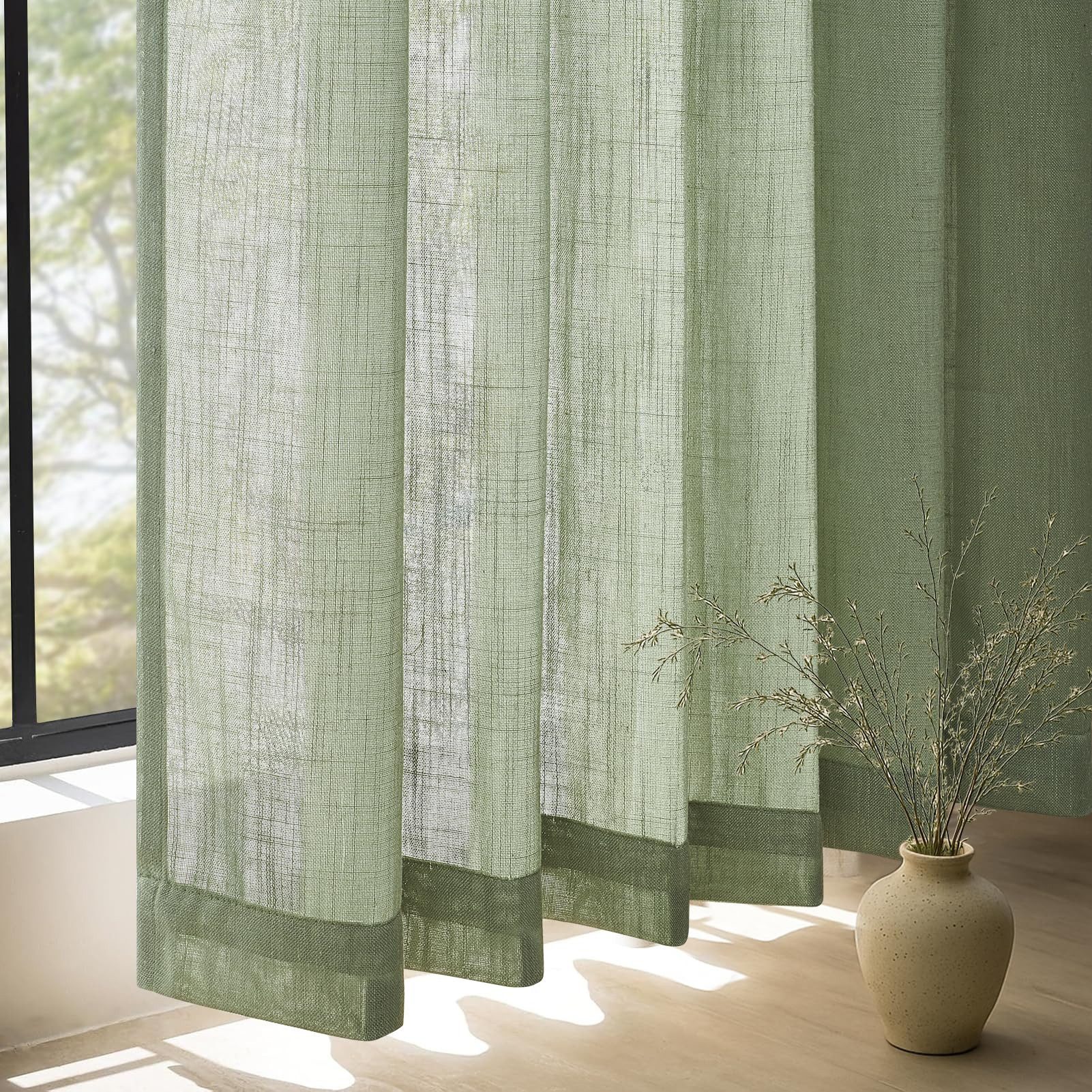 Topfinel Gardine Leinenoptik vorhänge mit kräuselband halbtransparent wohnzimmer (2 St), Kräuselband, halbtransparent, modern boho Salbeigrün140x145cm kinderzimmer Schlafzimmer Esszimmer