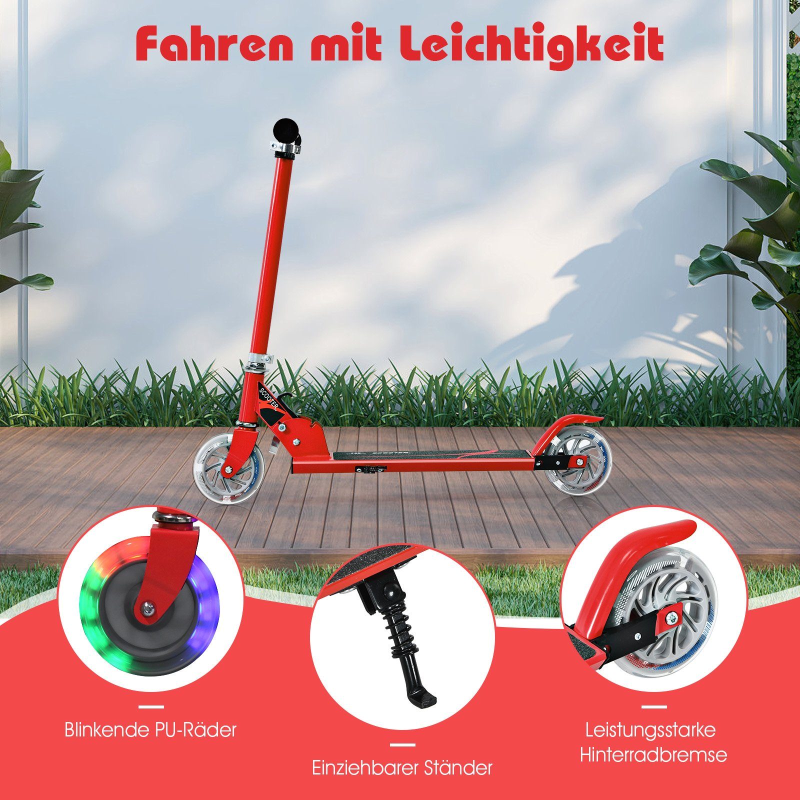 COSTWAY Scooter Cityroller, höhenverstellbar, klappbar, mit rot Räder LED 2