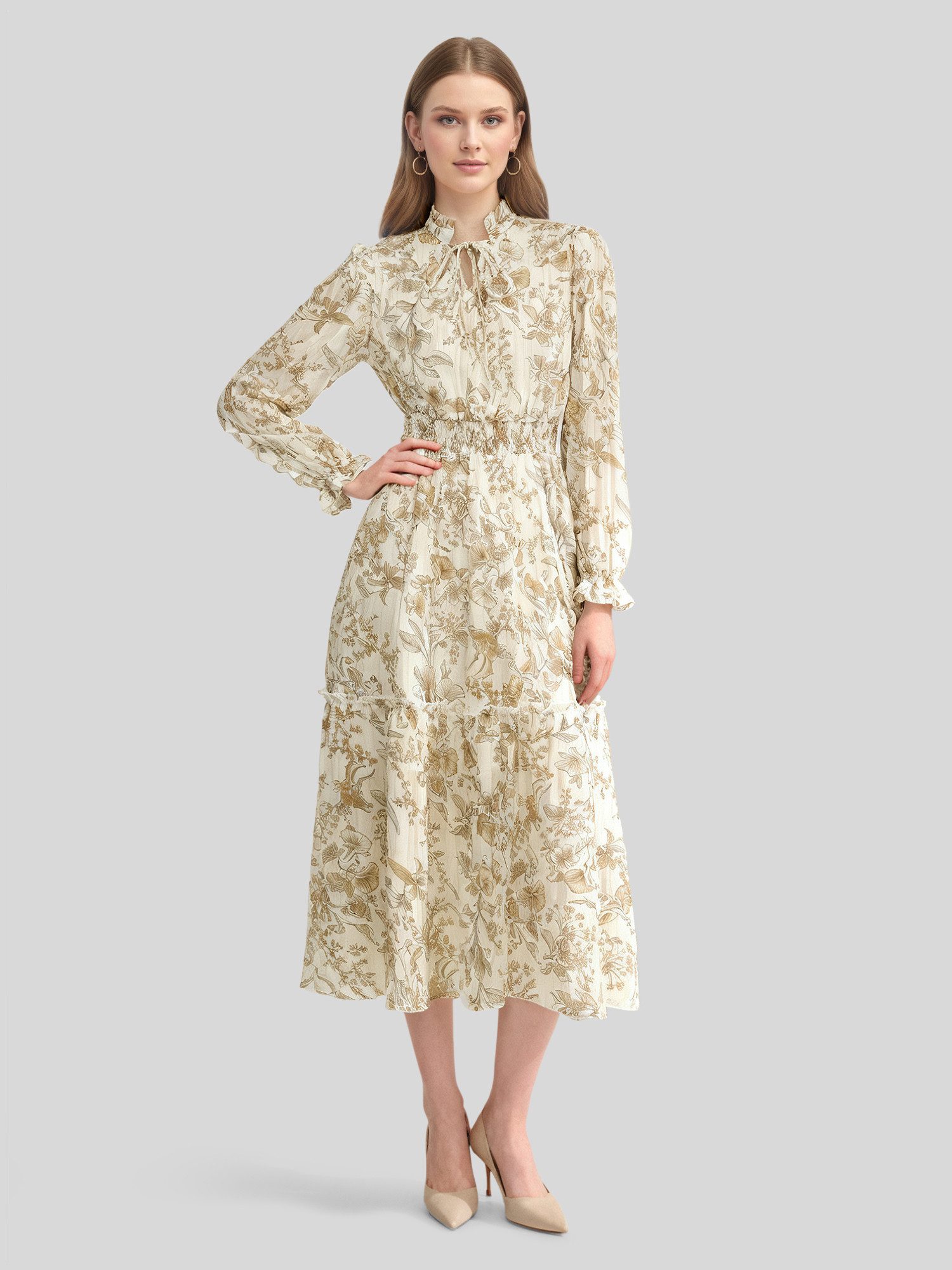 LAPA PLUS Midikleid Damen-Chiffonkleid mit langen Ärmeln, Bedrucktes Kleid günstig online kaufen