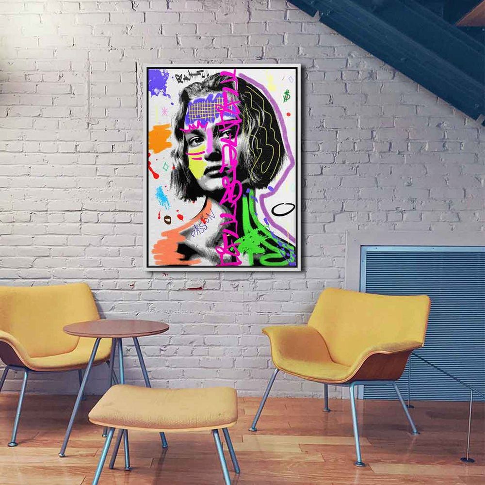 DOTCOMCANVAS® Leinwandbild, Leinwandbild Power Rahmen Rahmen Pop Lady ohne Art premium mit Graffiti weiß