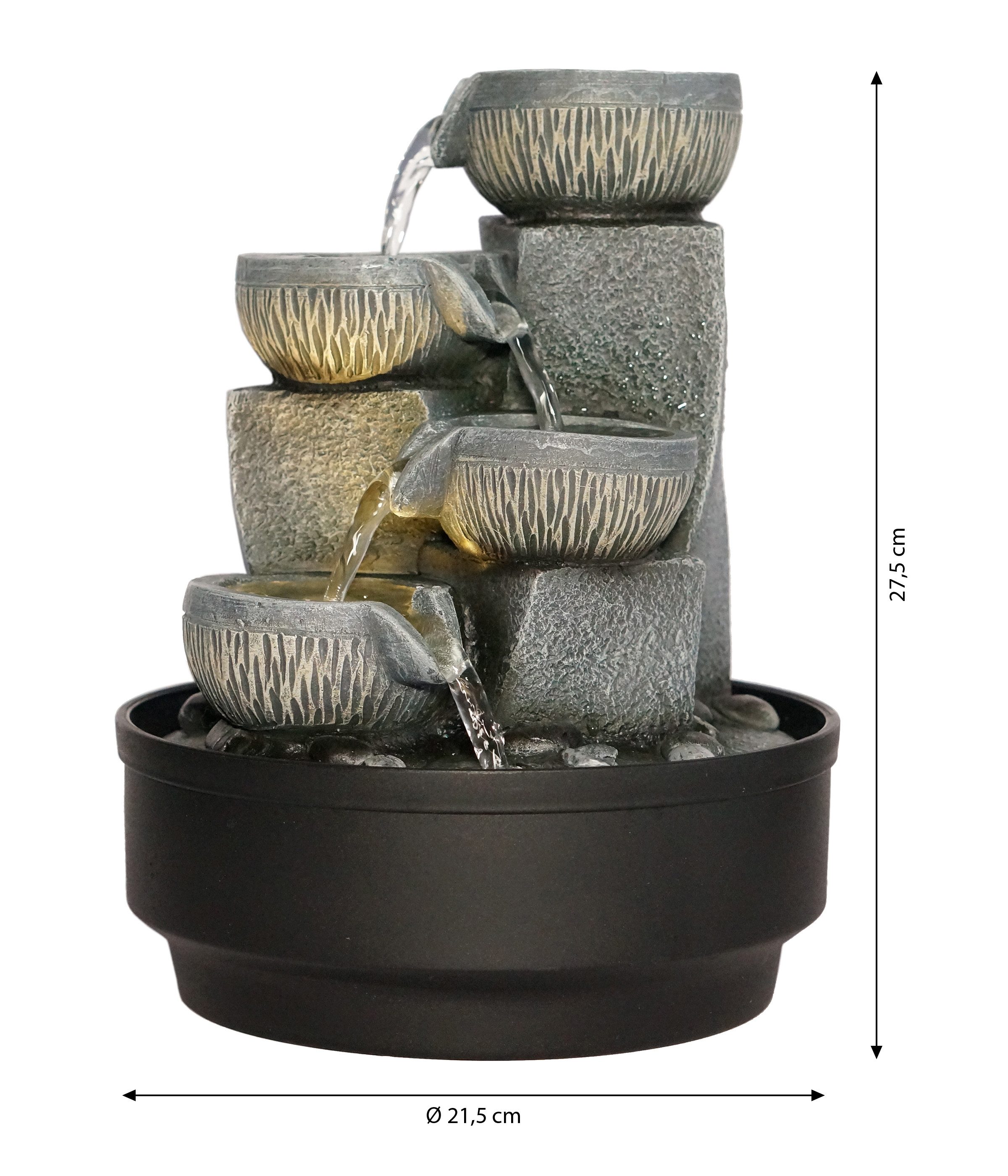 Dehner Zimmerbrunnen Nalani, LED-Beleuchtung, Höhe ca. 27 cm, Ø 21.5 cm, Polyresin, grau, beruhigendes Wasserspiel mit sanftem, warmweißen Licht