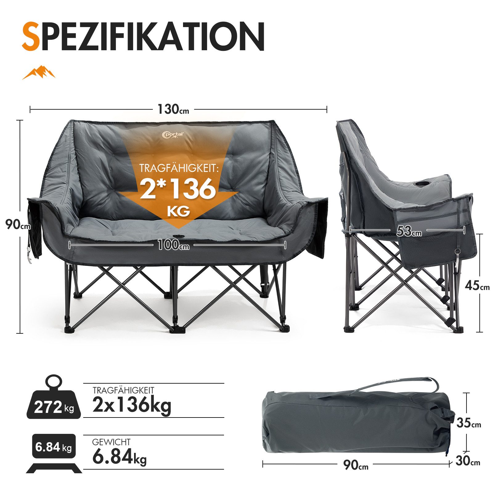 Portal Campingstuhl Klappsofa Campingsofa 2 Personen Faltbar 272kg Belastbar (1 St), Gepolstert Hohe Rückenlehne Tragetasche