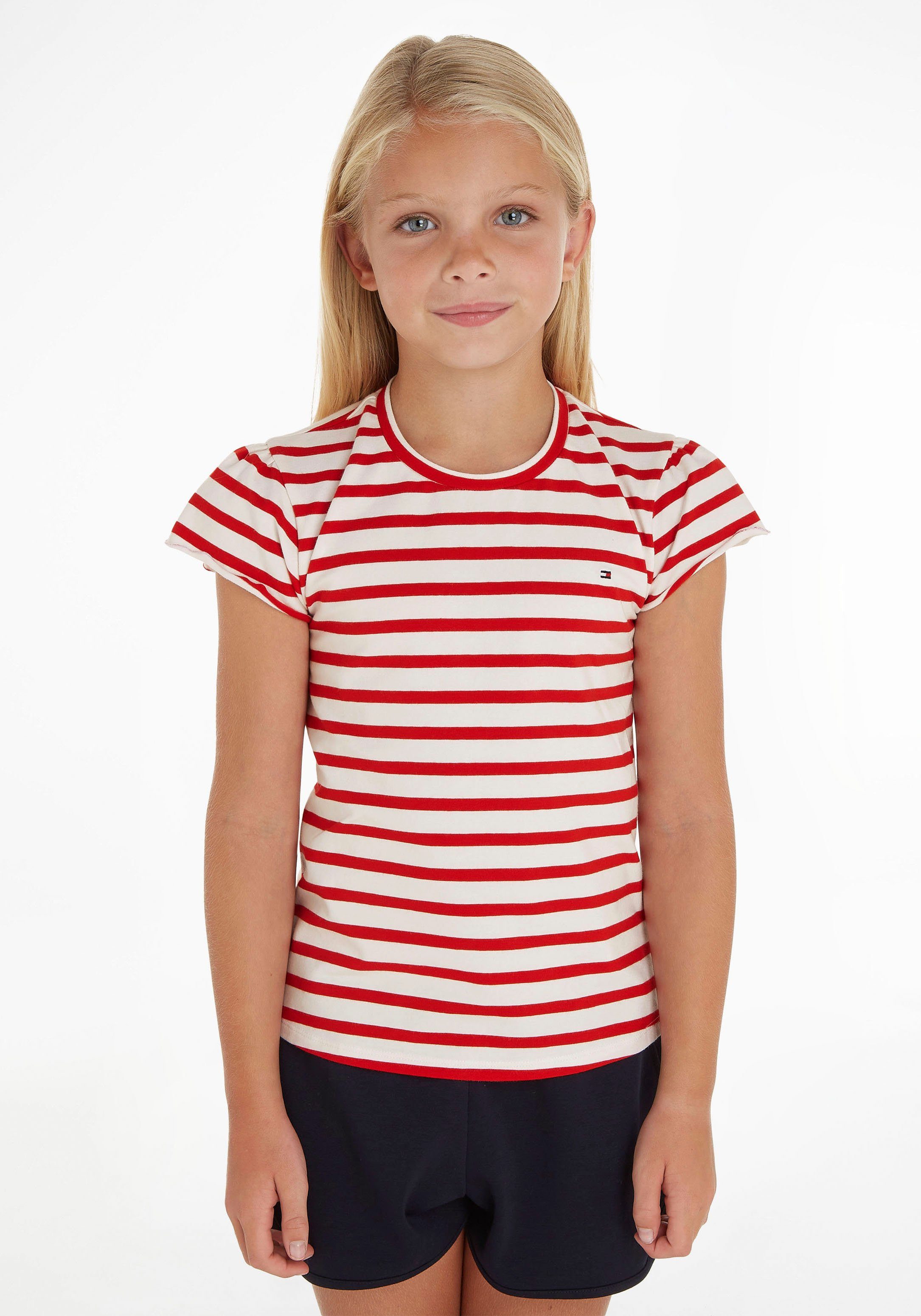 RUFFLE S/S Optik Hilfiger in STRIPED SLEEVE Tommy Deep-Crimson-Stripe T-Shirt gestreifter TOP