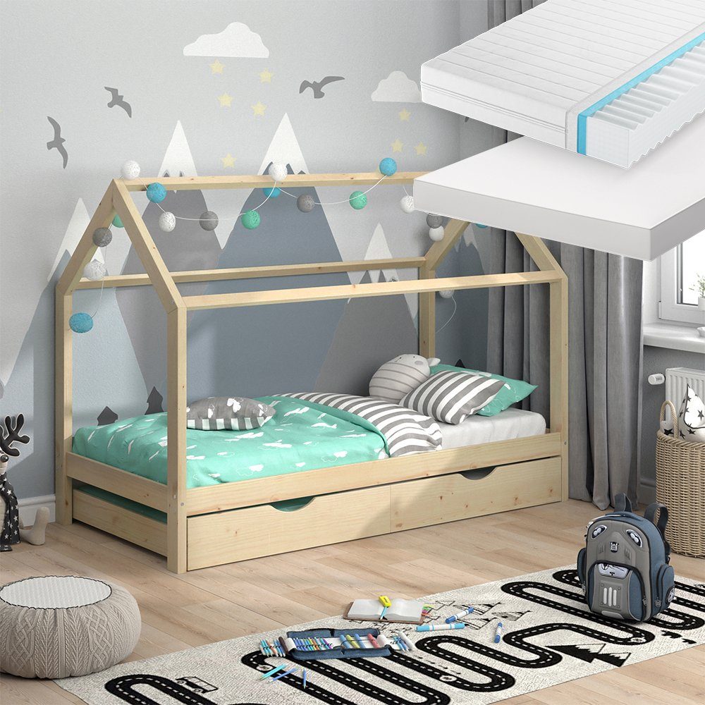 VitaliSpa® Hausbett Wiki, Naturholz, 90x200 cm mit Gästebett und 2 Matratzen (3-tlg)