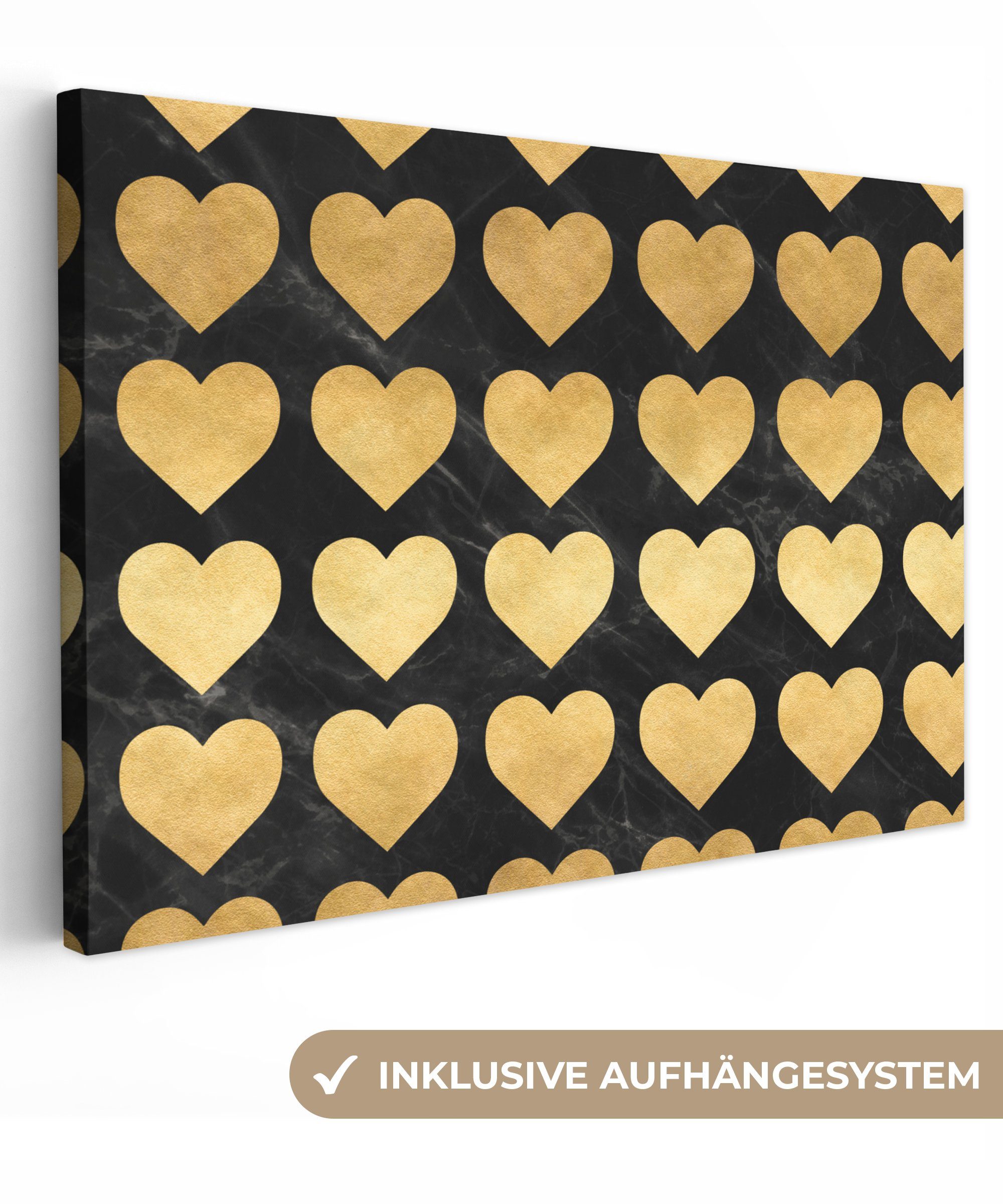 OneMillionCanvasses® Leinwandbild Muster - Herz - Gold - Schwarz, (1 St), Wandbild Leinwandbilder, Aufhängefertig, Wanddeko, 30x20 cm