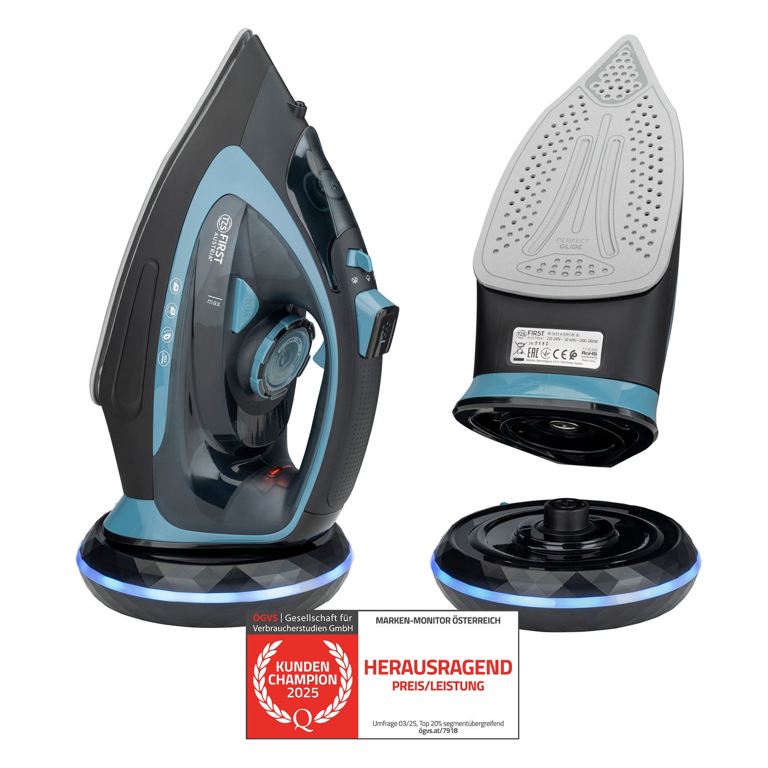 TZS FIRST AUSTRIA Dampfbügeleisen kabellos 2400W, Keramiksohle, 52 Düsen, 20g/min, 0,7g Dampfstoß, 2400 W, Kabelloses Dampfbügeleisen, Antikalk, Vertikaldampf, 450ml Wassertank