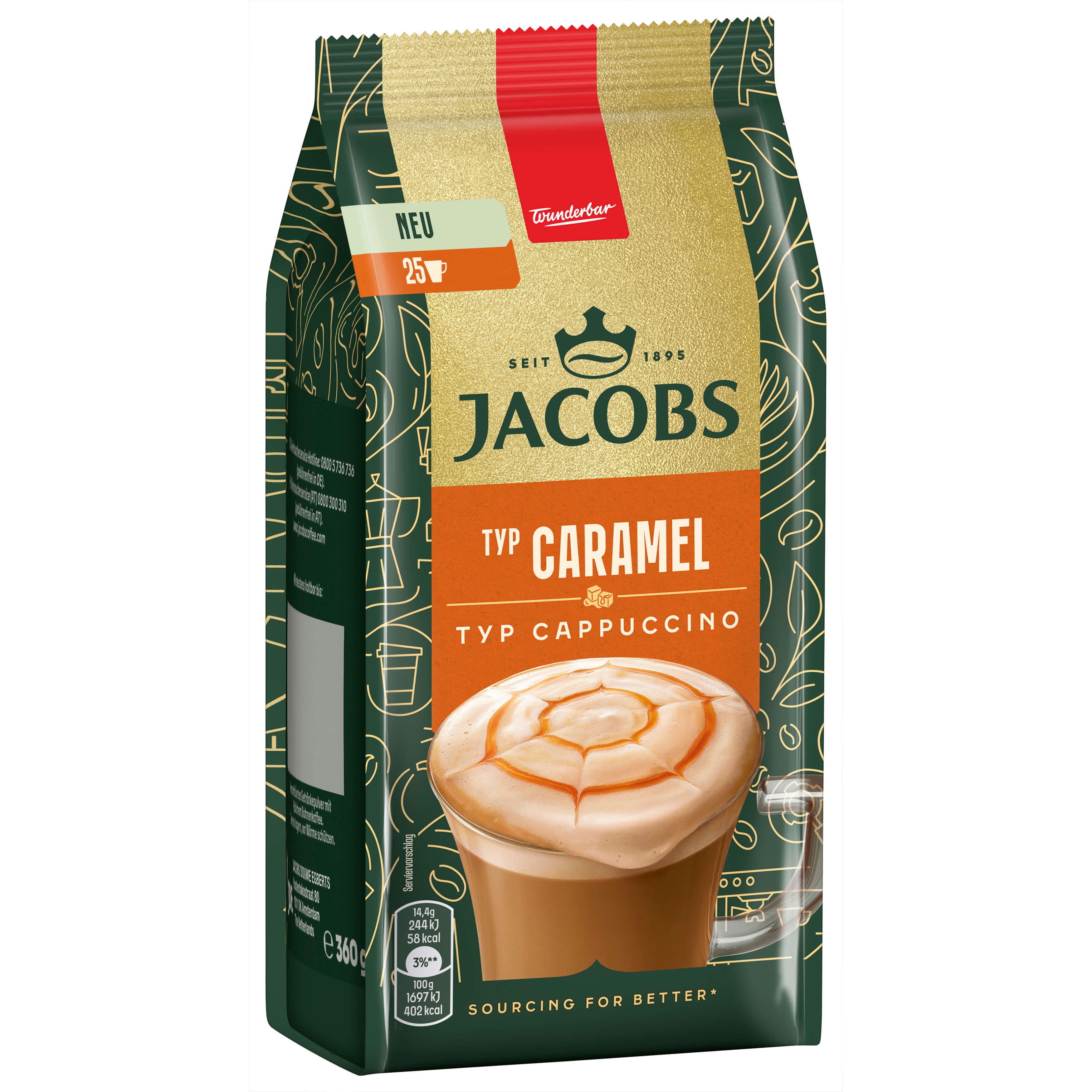 JACOBS Kaffee Löskaffee TYP CARAMEL CAPPUCCINO Karamell Geschmack 12 x 360g Beutel, (Packung, 12er Pack)