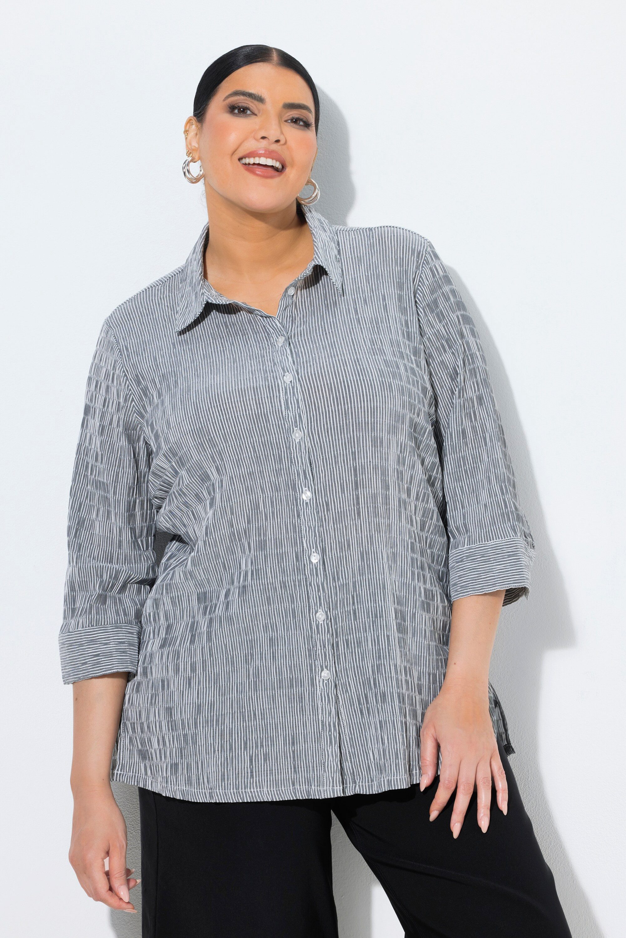 Ulla Popken Hemdbluse Bubble-Bluse Streifen Hemdkragen 3/4-Arm
