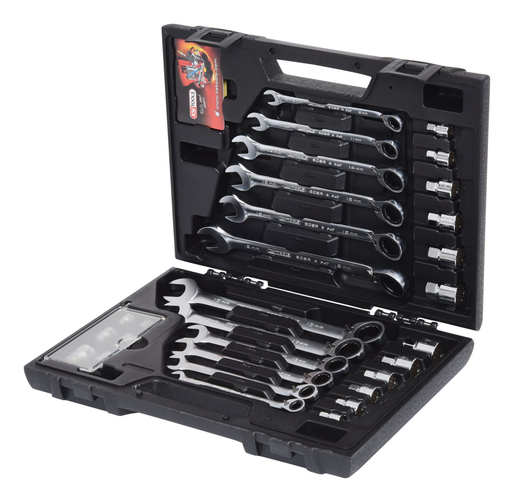 KS Tools Ratschenringschlüssel GEARplus (30 St), RINGSTOP-Ratschenringmaulschlüssel-Satz, 30-teilig mit Adapter
