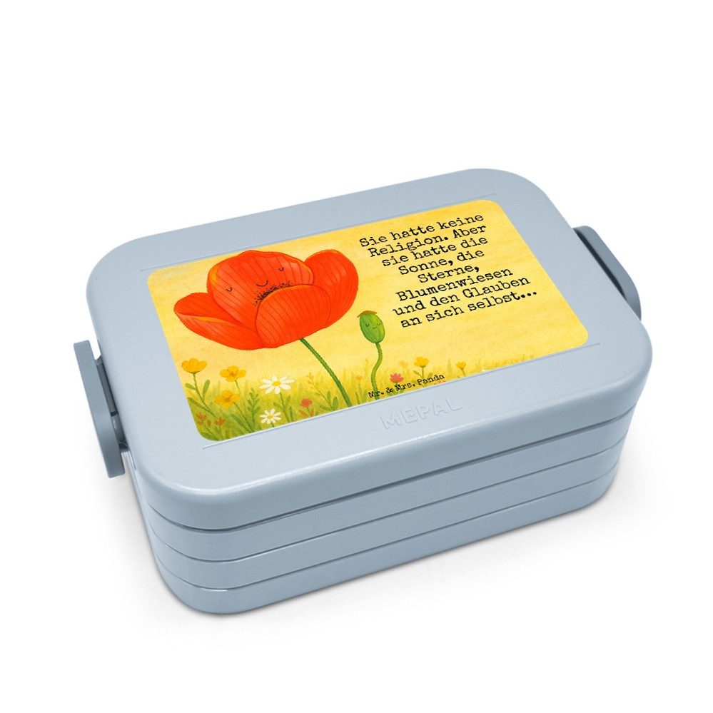 Mr. & Mrs. Panda Butterdose Blume Mohnblume Design, Bento Box, Blau Pastell, Mohn, Respekt, Essen, Polypropylen lebensmittelecht, (Packung), Bento-Brotdose Selbstliebe Geschenk