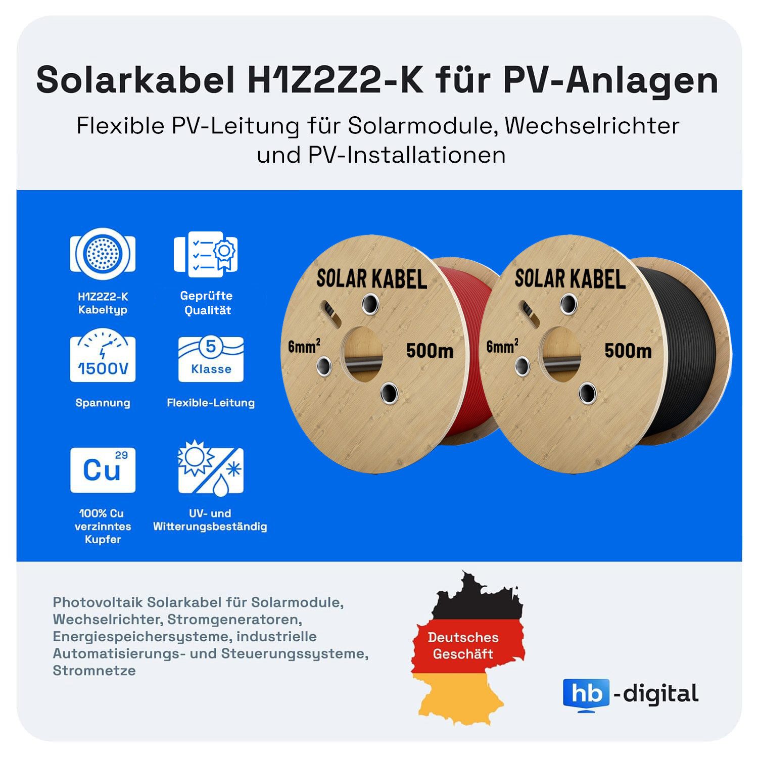 HB-DIGITAL Solarkabel 6mm2 Solarleitung H1Z2Z2-K Photovoltaik PV Kabel Solarkabel, Solarstecker, (10000 cm), TÜV Rheinland zertifizierte PV Kabel – Bild 2 von 5