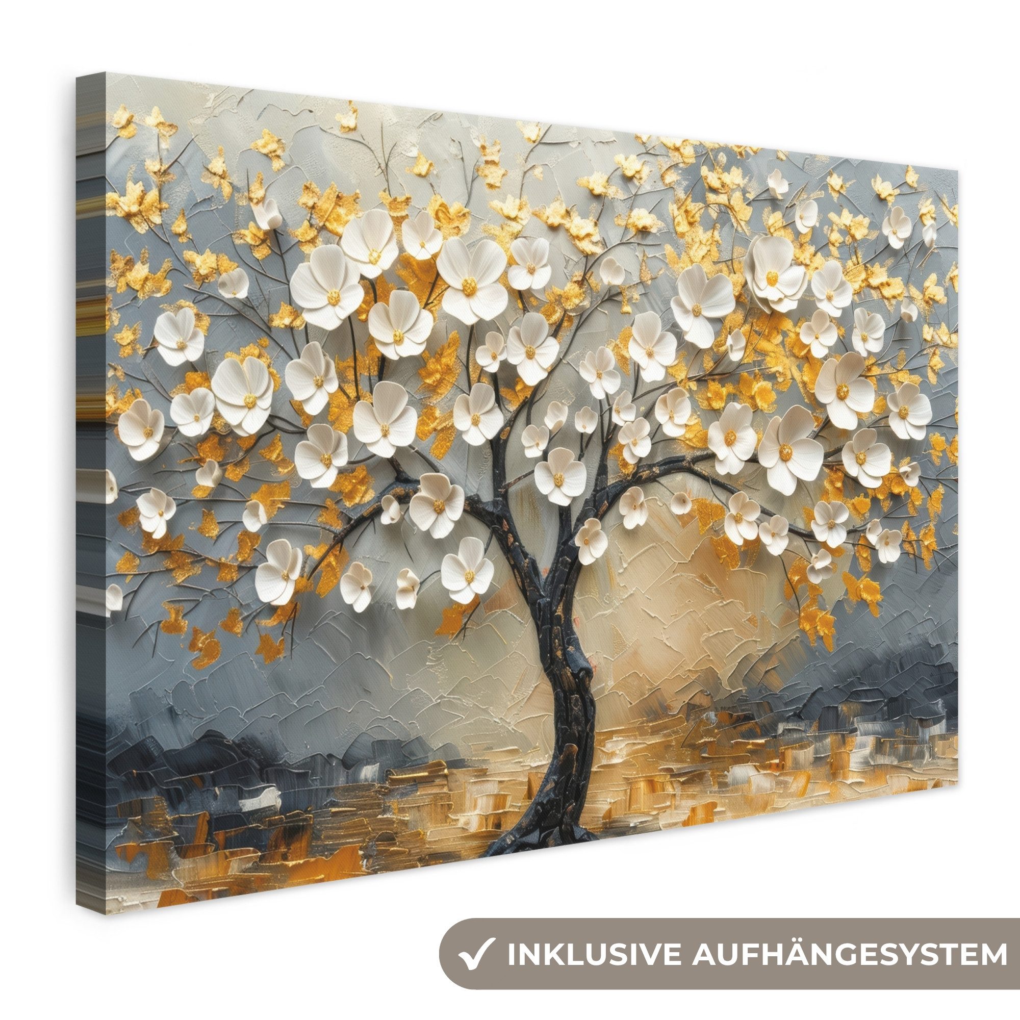 OneMillionCanvasses® Leinwandbild Baum - Blumen - Gold - Beige, Fotodruck (1 St), Leinwand Bilder Klein, Wand Dekoration Aesthetic 30x20 cm