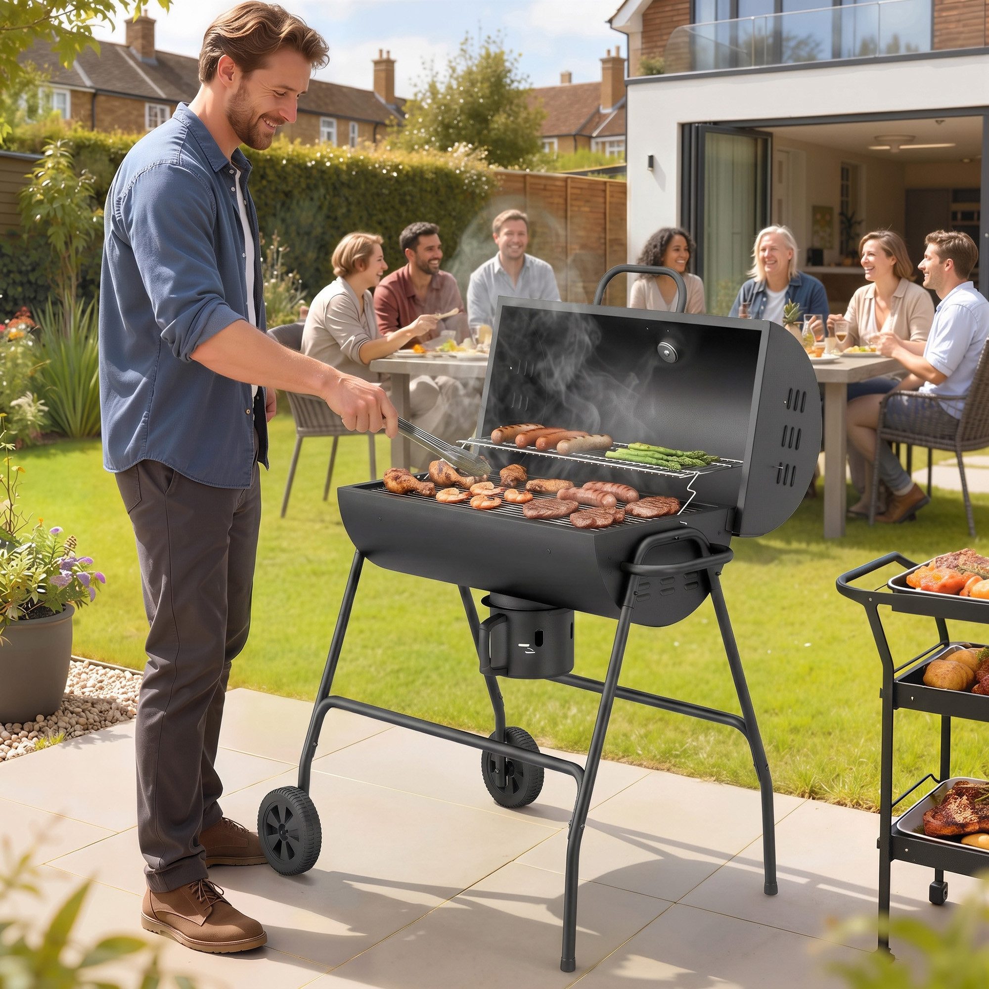Outsunny Holzkohlegrill Holzkohle Grill aus Metall mit Deckel, BBQ Smoker, fahrbar Grillwagen, Kohlegrill für Barbeque Camping, Terrasse, 95 x 71,5 x 102 cm