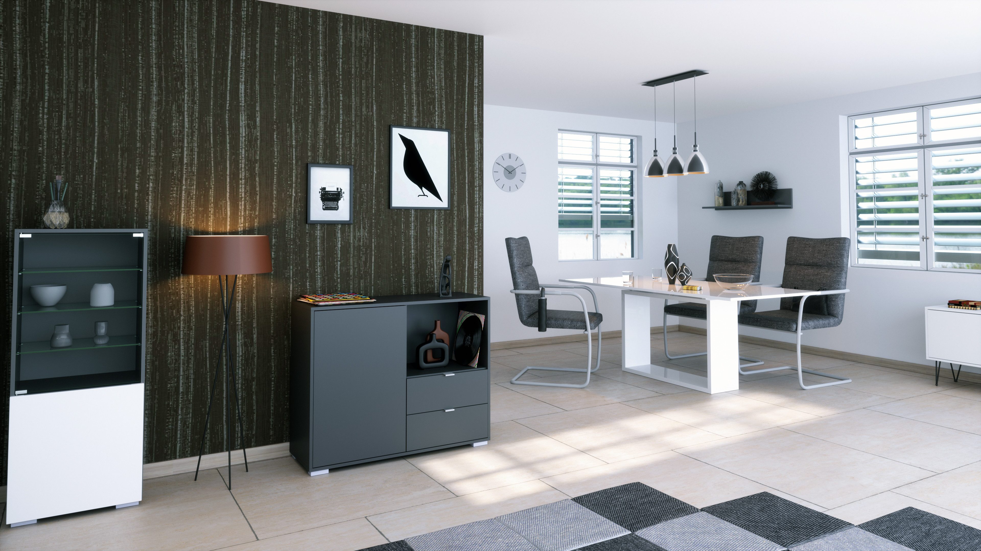 Vladon Kommode Milano (Kommode mit 1 Tür Anthrazit matt, 2 Schubladen Anthrazit matt, Made in Germany), Korpus Anthrazit matt (103 x 83 x 37 cm)