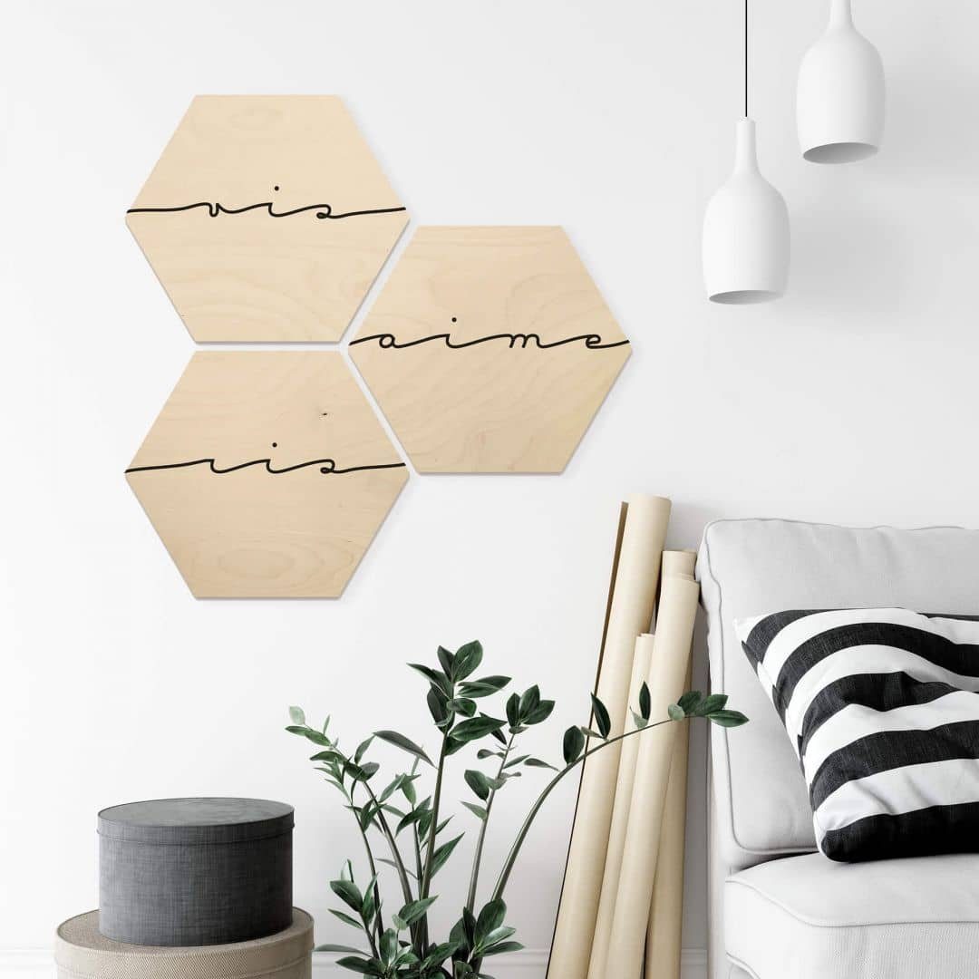 Lieben Ris Holzbild Lachen Hexagon Birke-Furnier Wandbild Gemälde K&L Art Schriftzug Set, naturbelassen Leben Vis 3er Aime Wall