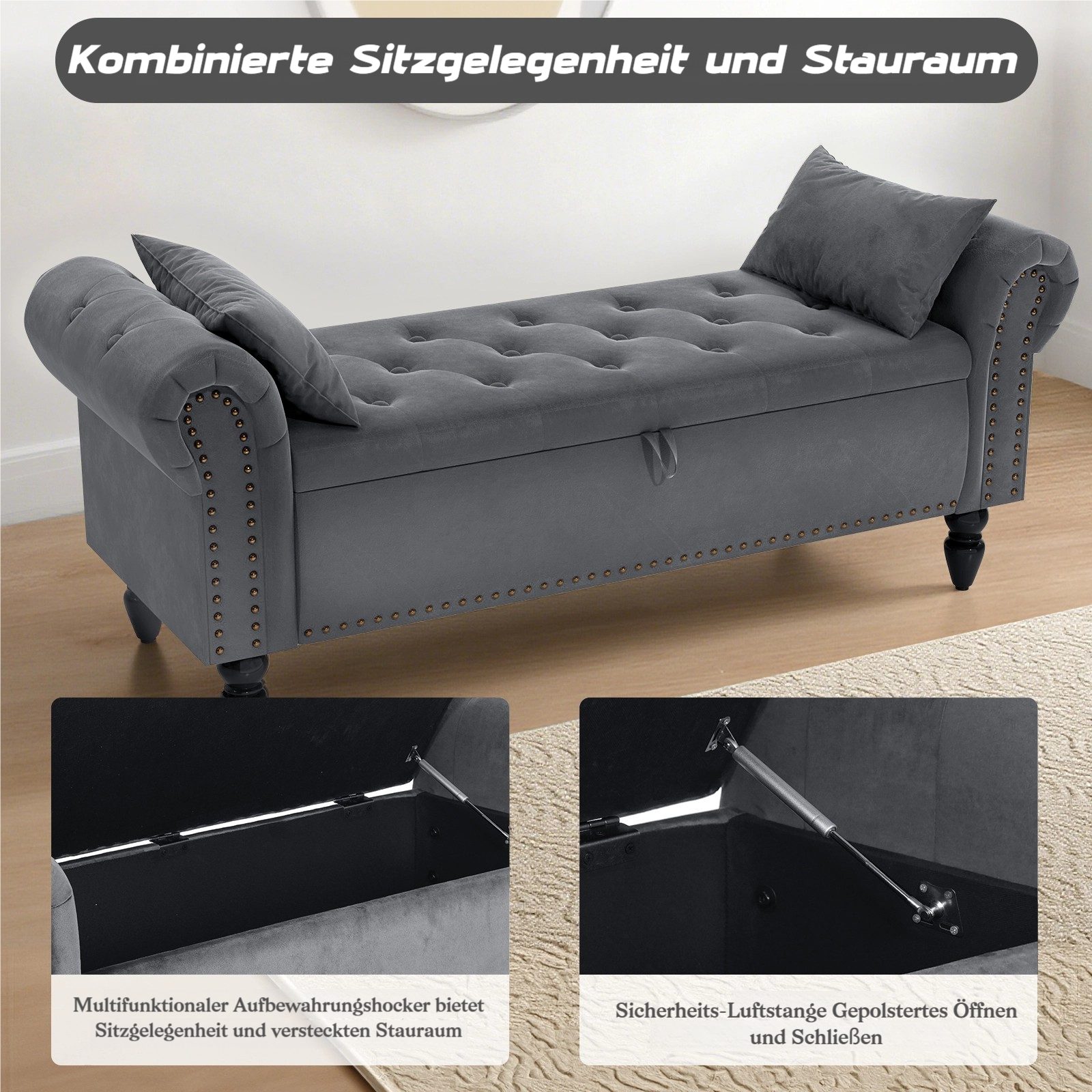 TLGREEN Bettbank Sitzbank mit Stauraum,133 x 53 x 46 cm Polsterbank, (Umdrehen Mit Booster-Gasstange, Bettende mit Deckel, Fußstütze mit stabilen Holzbeinen, Bis 168kg), Sofabank fur Flur, Esszimmer, Schlafzimmer, Wohnzimmer
