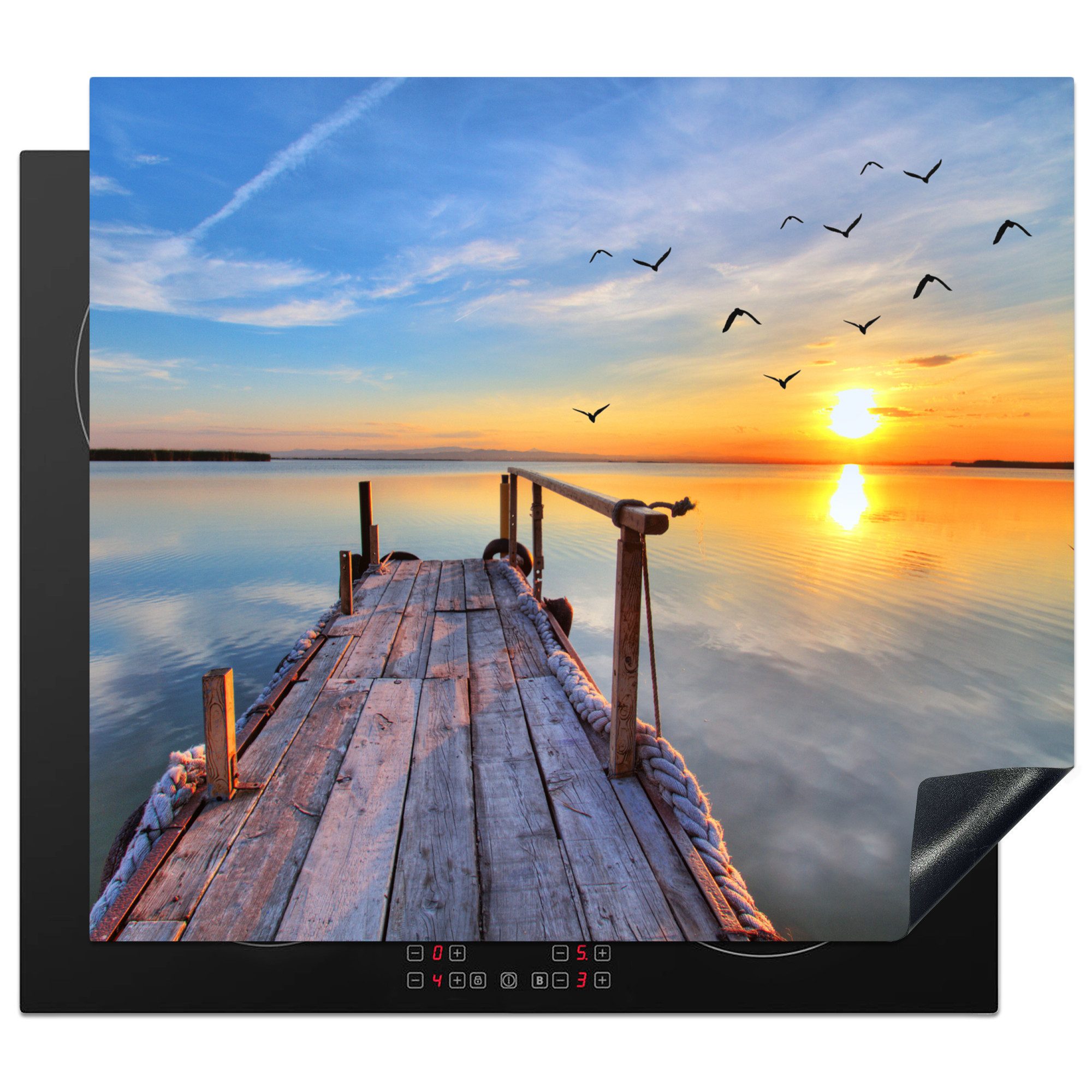 MuchoWow Herd-Abdeckplatte Meer - Sonnenuntergang - Steg - Vögel, Vinyl, (1 tlg), Ceranfeldabdeckung Küche, Herdabdeckplatte Einteilig, 60x52 cm