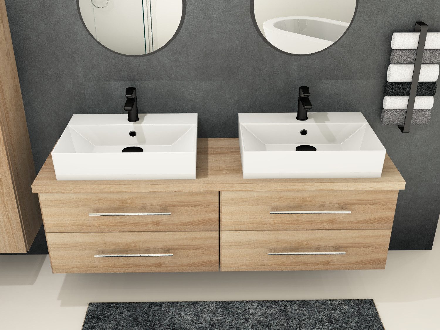 Aqua Bagno Badmöbel-Set Badmöbel-Set Flex 160 cm Eiche Gold mit eckigen Aufsatzbecken & Platte, (vormontiert, 5-St., Badmöbelschrank melaminbeschichtet, Trägerplatte, Keramikwaschbecken), einfache Montage, Skandi