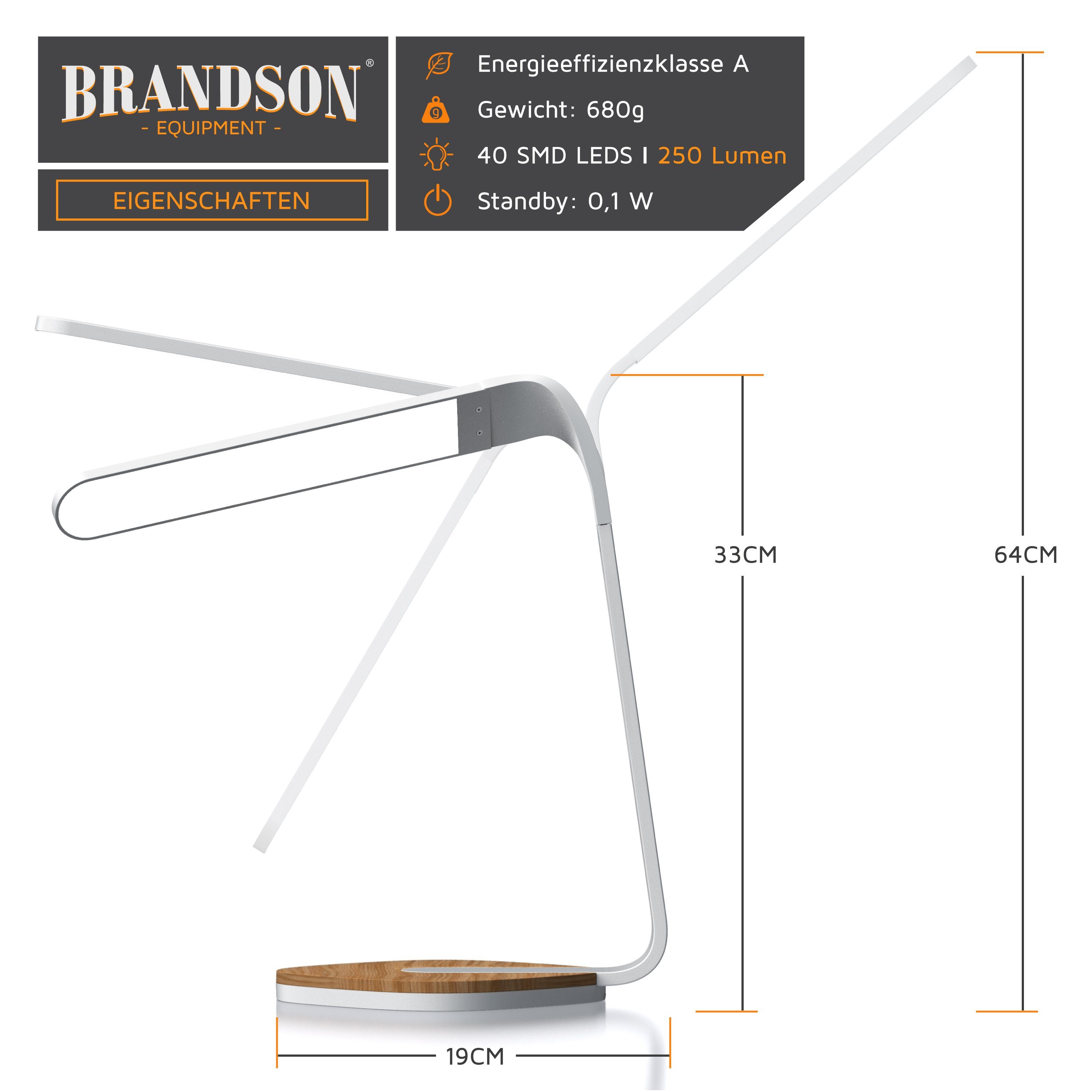 Brandson Schreibtischlampe, dimmbar; 5 Helligkeitsstufen; 3 Lichttemperaturen; Sensor Touch; Timer; LED, LED fest integriert, Tischlampe, Holz Optik, Büro Lesen Studieren, Tischleuchte Weiß