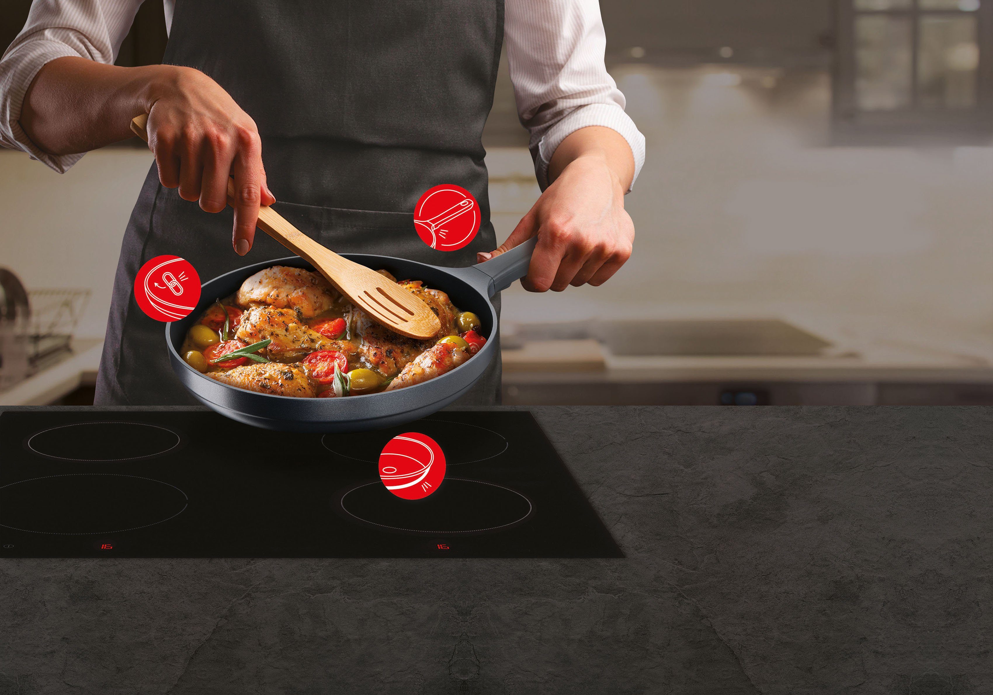 Tefal Bratpfanne Trattoria Pro, Aluminiumguss (1-tlg), Robust, Antihaftversiegelung, Temperaturanzeiger, Induktion – Bild 4 von 5