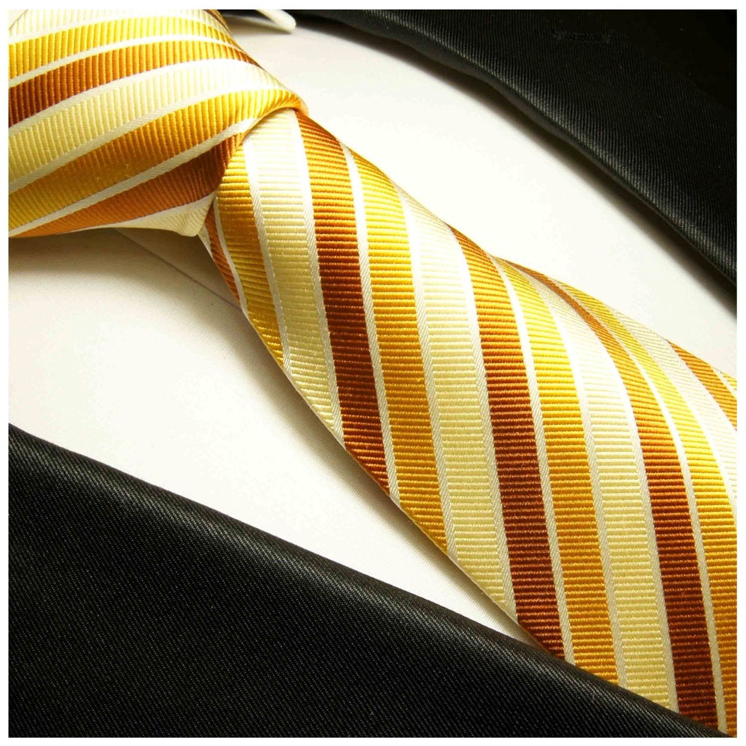 Paul Malone (Set, gold gestreift Krawatte 100% modern Tuch Schmal (6cm), 2-St., Seidenkrawatte braun mit Einstecktuch) Seide 272 Krawatte gelb Herren mit