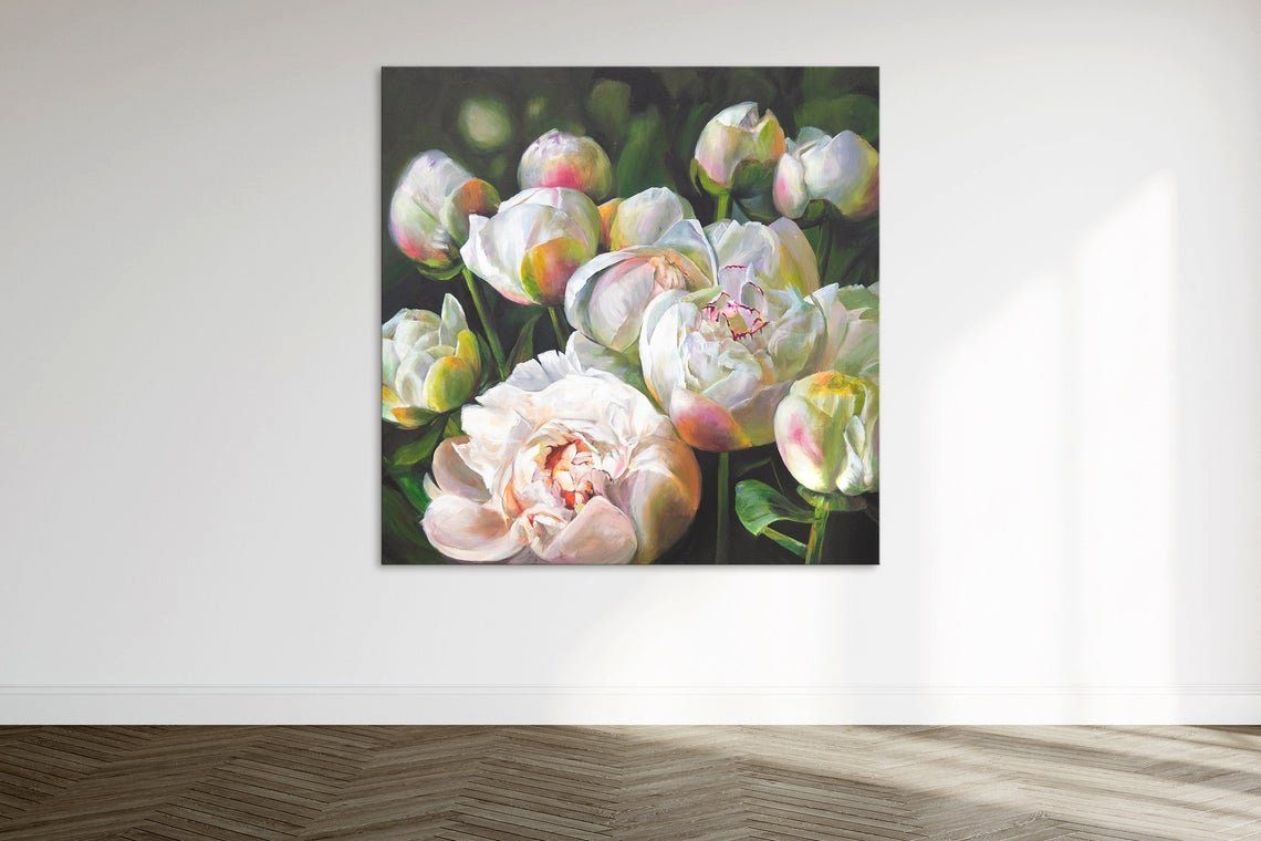 Wohlstand, Handgemalt Bild Pfingstrosen Blumen Gemälde Blumen, YS-Art Leinwand