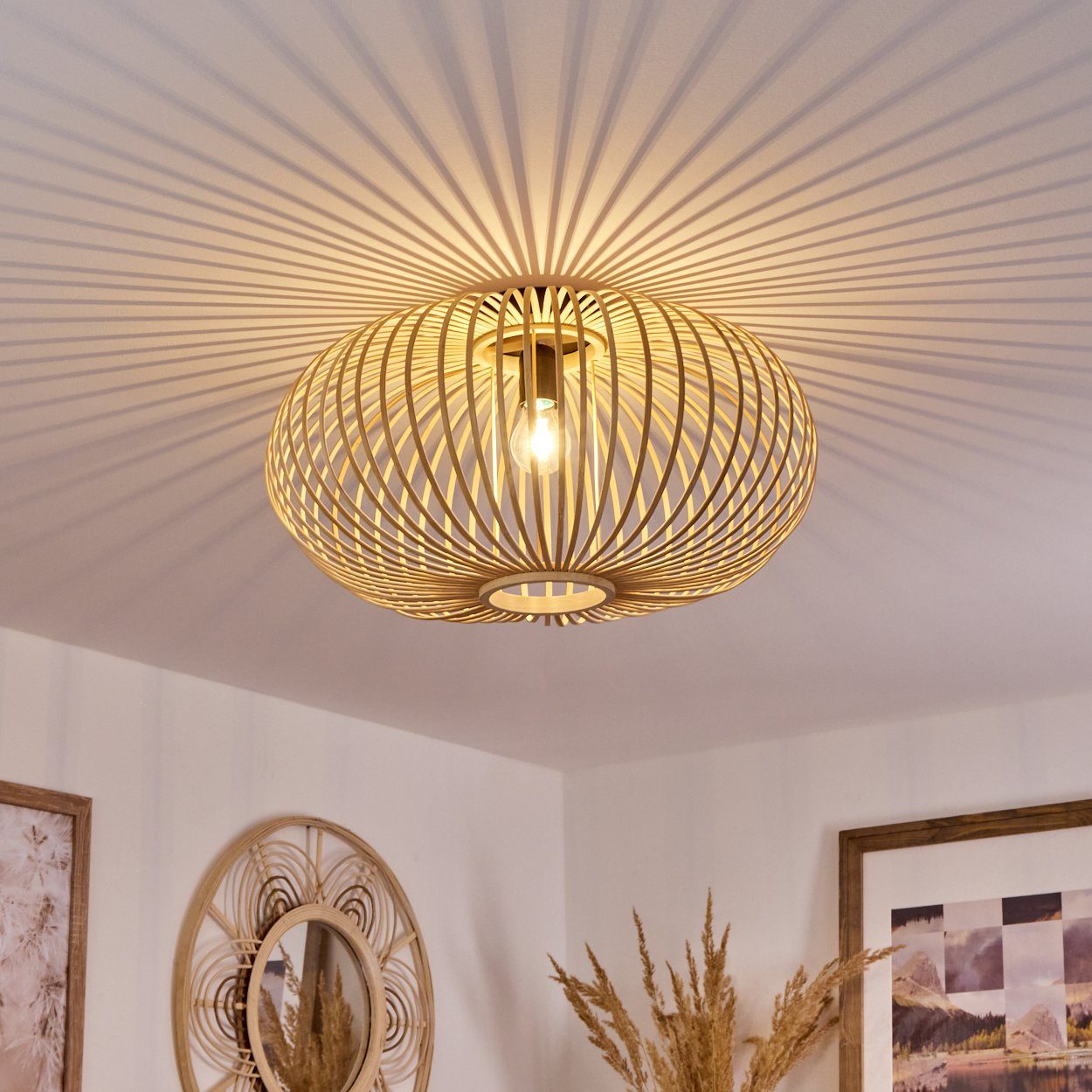 hofstein Deckenleuchte »Aidone« runde Deckenlampe aus Holz/Metall in Natur/Schwarz, ohne Leuchtmittel, Gitter-Optik mit Lichteffekten, E27
