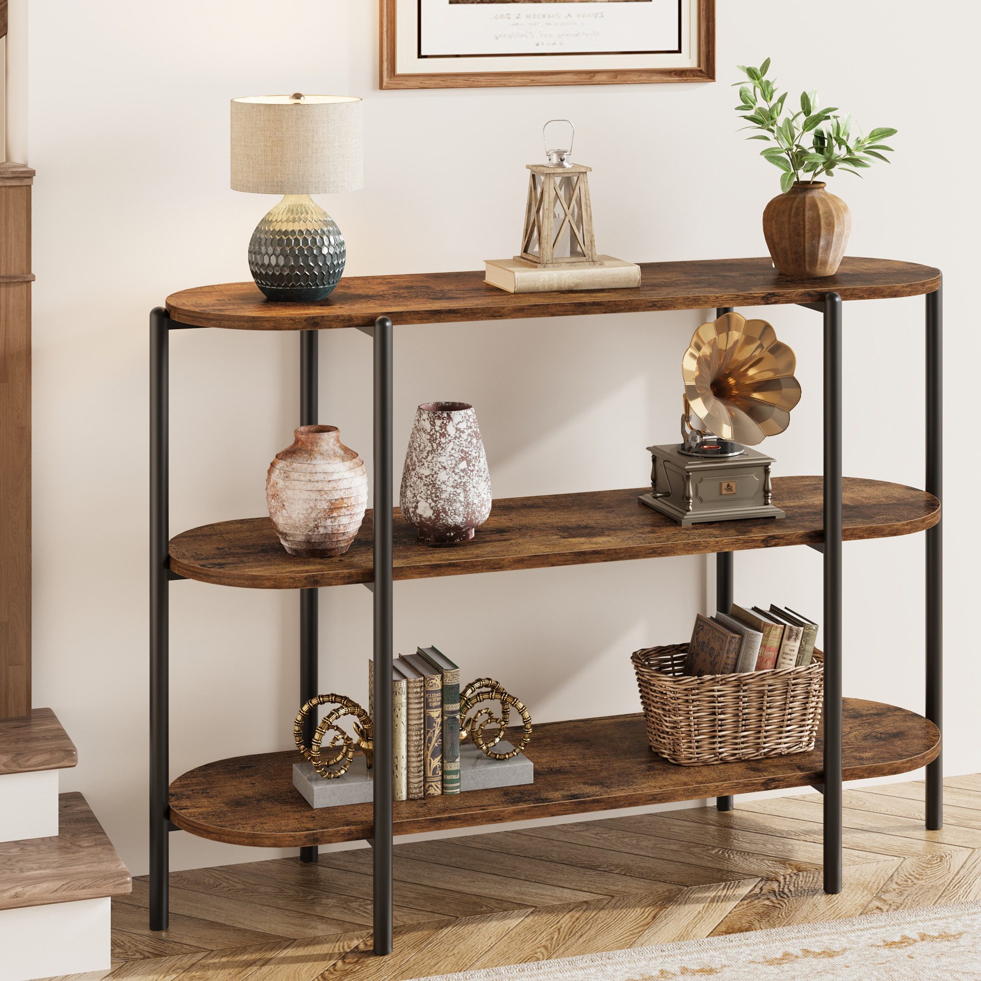 GarveeMore Konsolentisch 3-stöckiger ovaler Beistelltisch mit offenen Regalfächern, schmales Sideboard mit stabilem Metallgestell im Industrie-Design