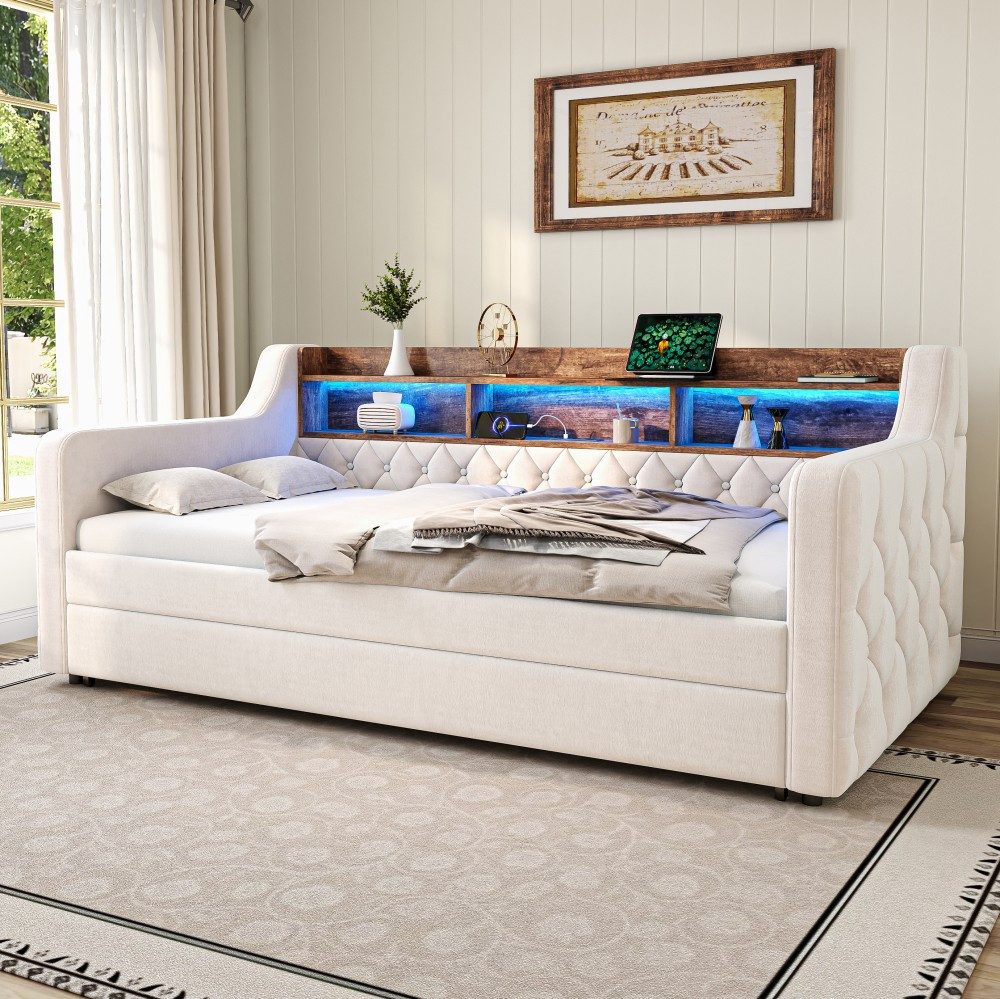 TavilaEcon Schlafsofa Platzsparendes Sofa-Bett aus Samt mit Ausziehbett, 1 Teile, mit LED-Beleuchtung, integriertem Regal und USB-C-Anschluss – Bild 2 von 5