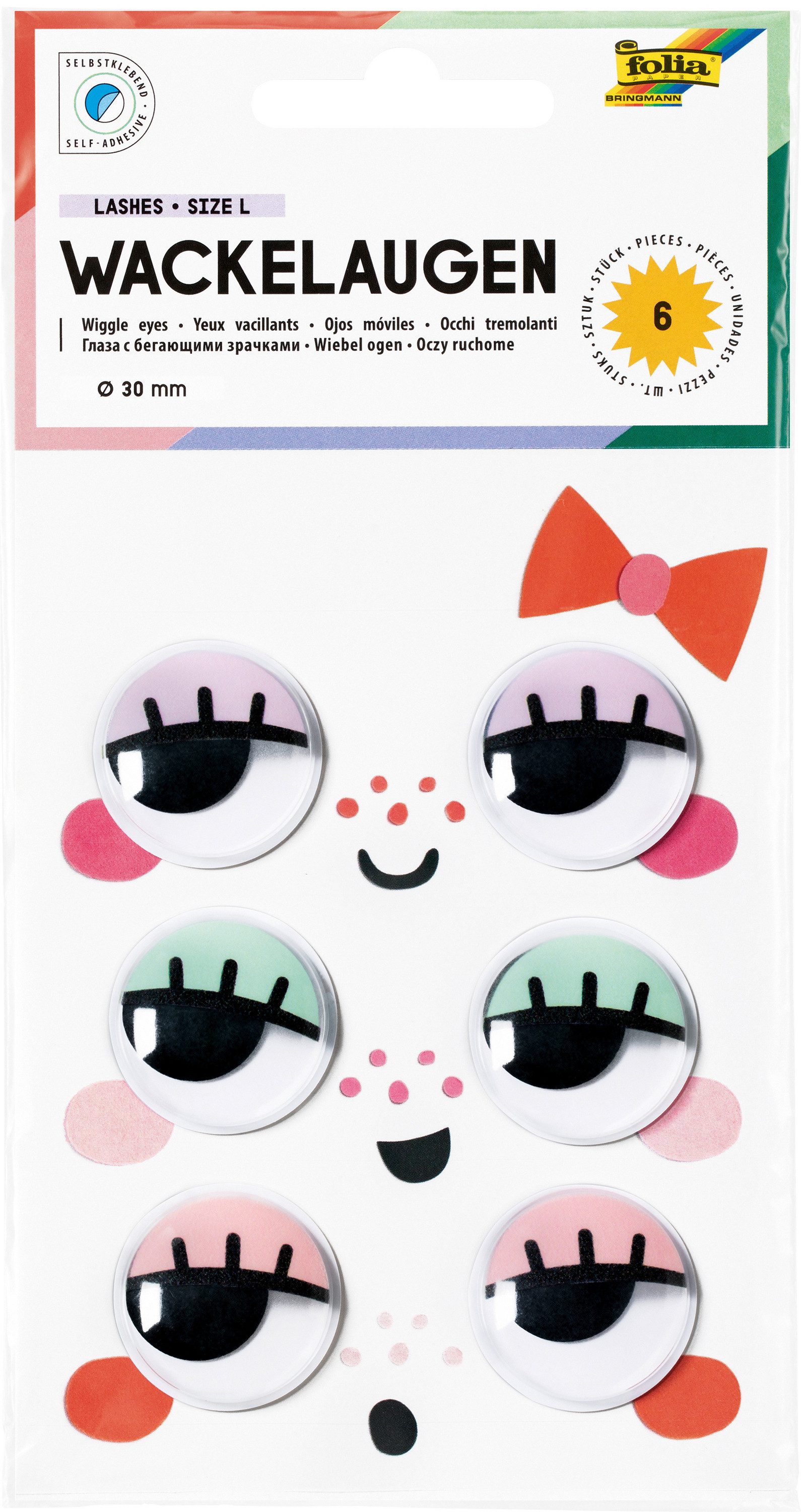 Folia Aufkleber Wackelaugen mit Wimpern, 30mm, 6 Stück, selbstklebend