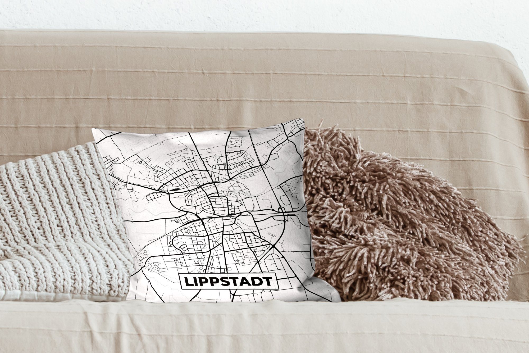 Stadtplan, - - - Dekokissen Lippstadt Wohzimmer, Deko, Zierkissen MuchoWow mit Karte Karte Füllung Sofakissen für Schlafzimmer,