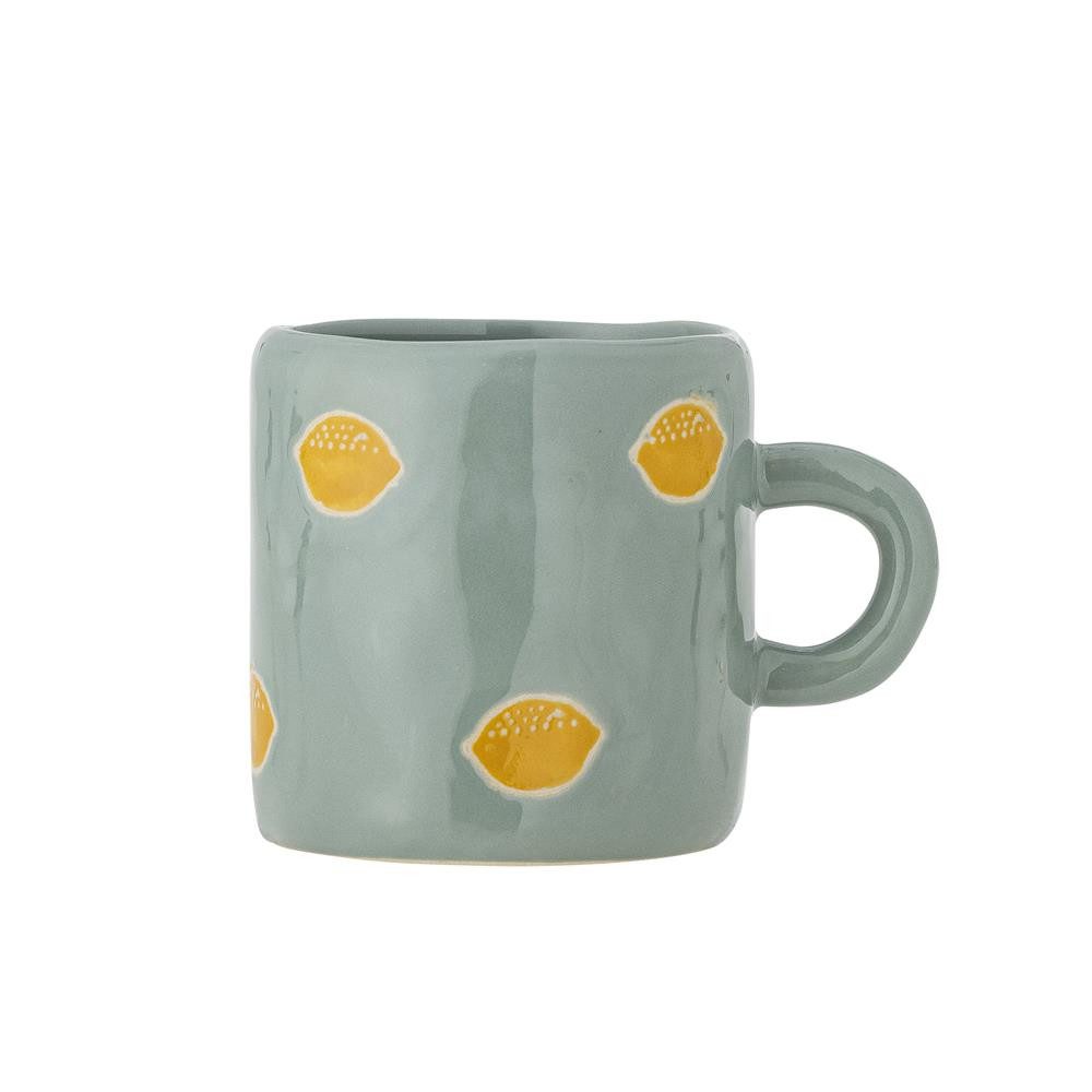 Bloomingville Tasse MINI Agnes Grün mit Zitronen, Steingut, Steingut, große Kindertasse, Teetasse, Unikat, Handbemalt, dänisches Design