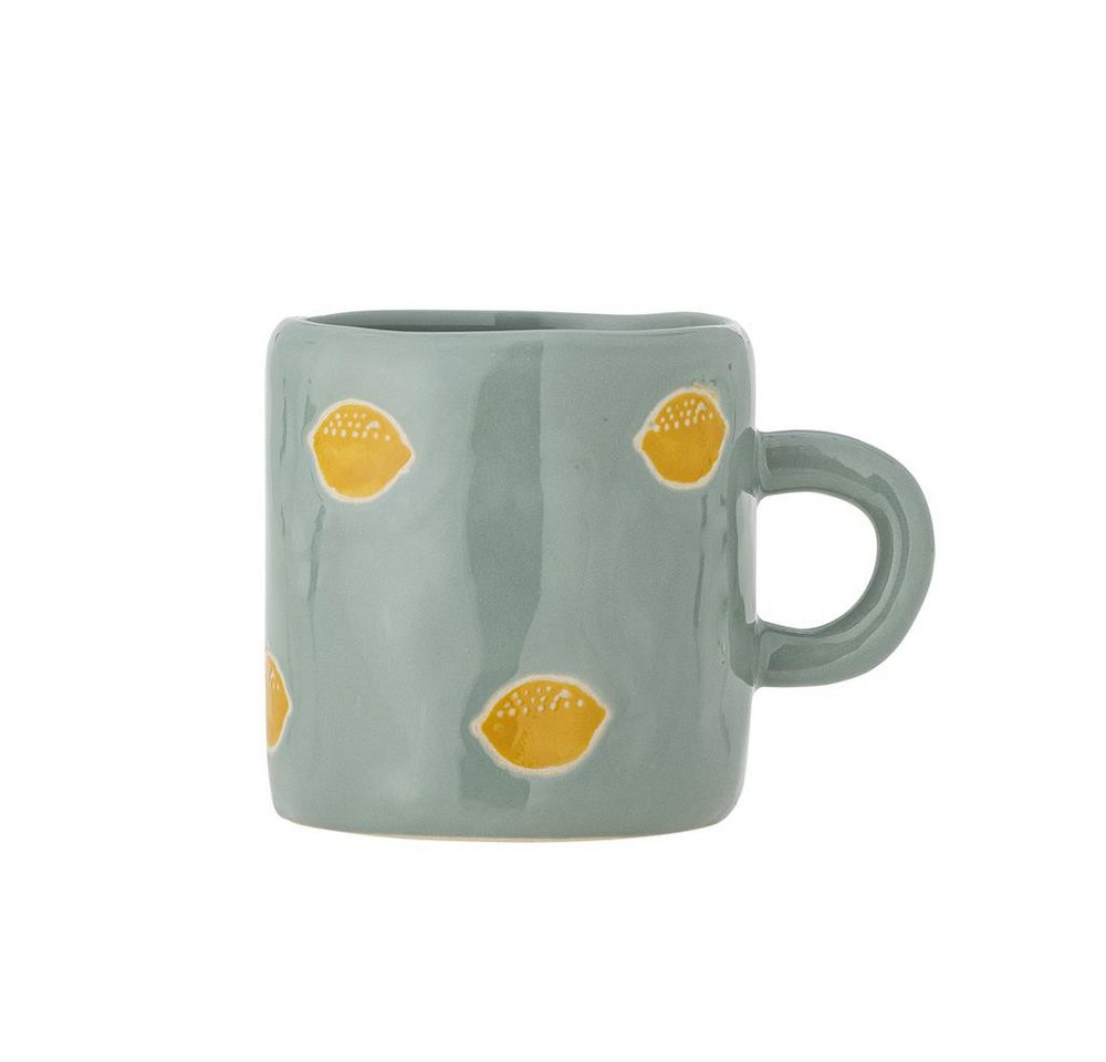Bloomingville Tasse MINI Agnes Grün mit Zitronen, Steingut, Steingut, große Kindertasse, Teetasse, Unikat, Handbemalt, dänisches Design