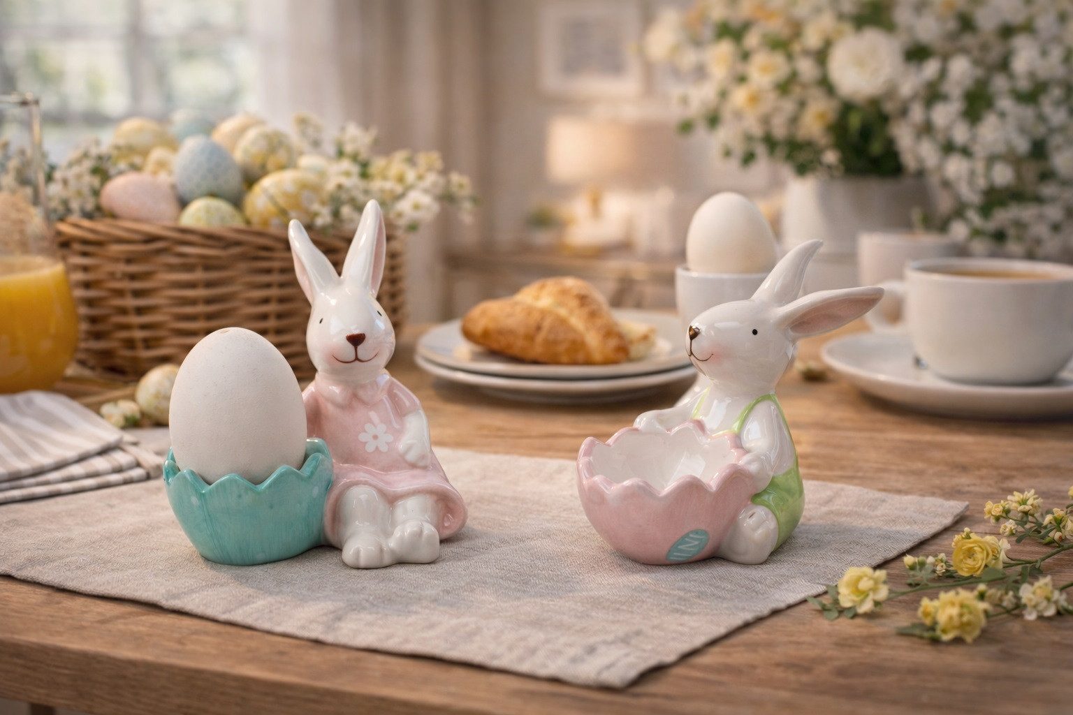 formano Eierbecher 2er Set Osterhase mit Eierbecher 10 cm Steingut Ostern Eier, 2er Set Osterhase mit Eierbecher 10 cm Steingut handbemalt