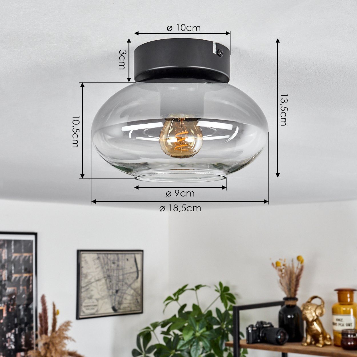 hofstein Deckenleuchte moderne Deckenlampe aus Metall/Glas in Schwarz/Rauchfarben, ohne Leuchtmittel, Leuchte mit Schirm aus Rauchglas (18,5 cm), 1 x E27 – Bild 4 von 5