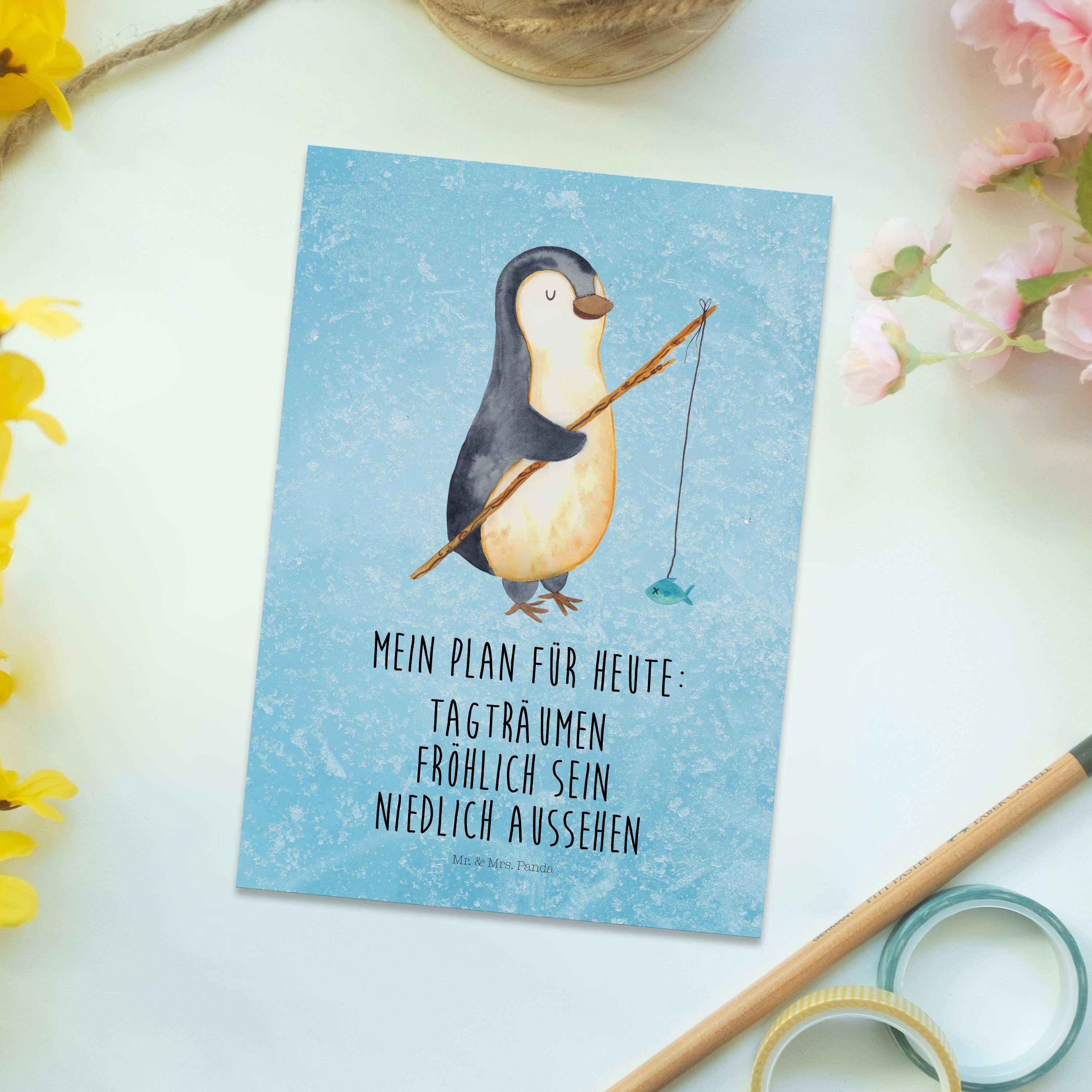 Pinguin Fischer, Angler - Mr. Einladun Ansichtskarte, Mrs. Eisblau - Panda Postkarte & Geschenk,
