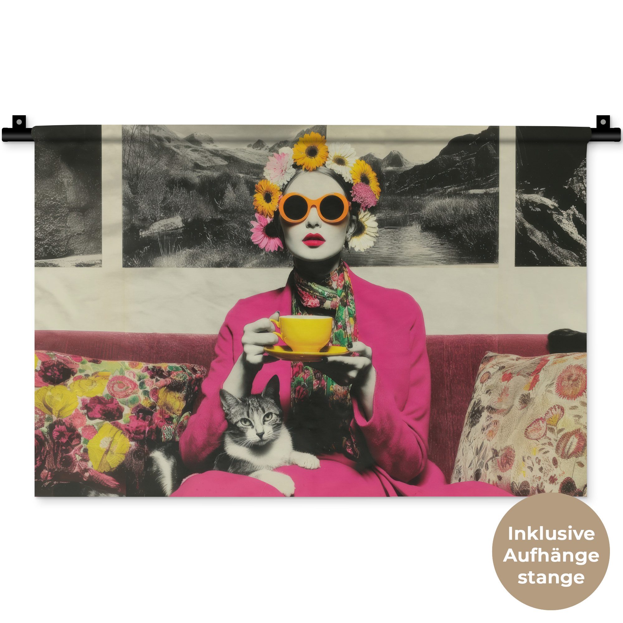 MuchoWow Wandteppich Frau - Katze - Blumen - Tasse - Retro, Rechteckig, Höhe: 3 mm, Wandteppich für Wohnzimmer, Schlafzimmer, 60x40 cm