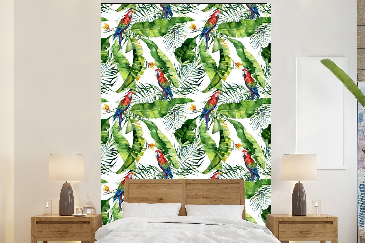 MuchoWow Fototapete Paradiesvogelpflanze - Tapete Blätter, Montagefertig Vinyl Wohnzimmer, Wandtapete für Papagei Matt, (3 - St), bedruckt