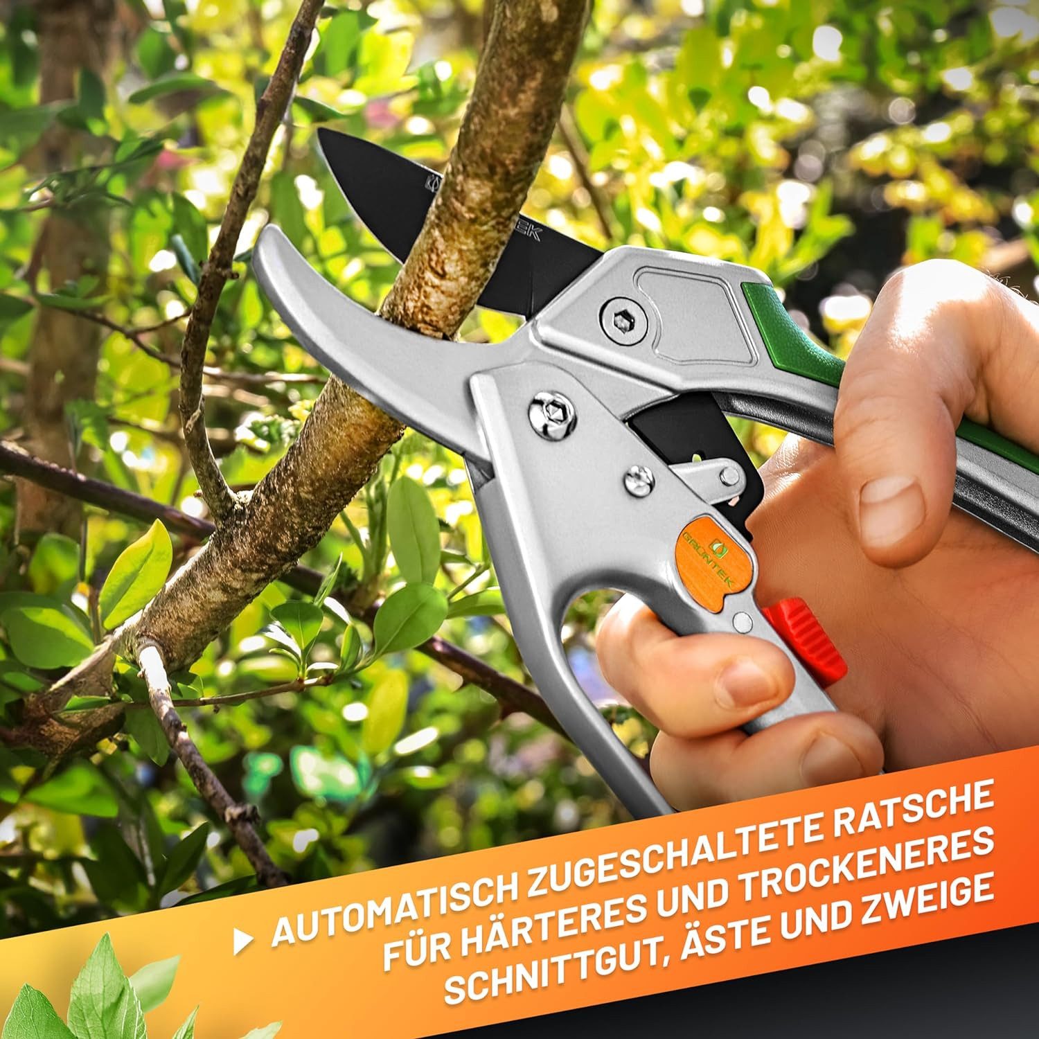 GRÜNTEK Gartenschere Amboss Strauchschere KONDOR 200 mm, automatisch zugeschaltete Ratsche, (Set, inkl. Ölschwamm und Schärfer), bis Ø24 mm, SK5 Klinge, Alumini – Bild 4 von 5