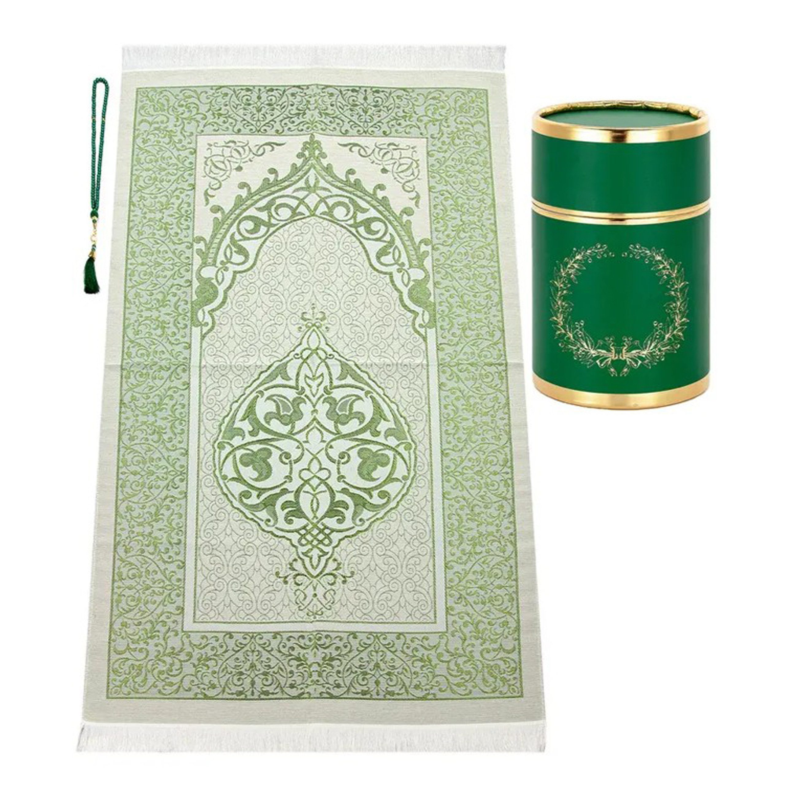 TeppichHome24 Teppich Gebetsteppich aus Taftstoff mit Geschenkbox und Tesbih leicht grün, rechteckig