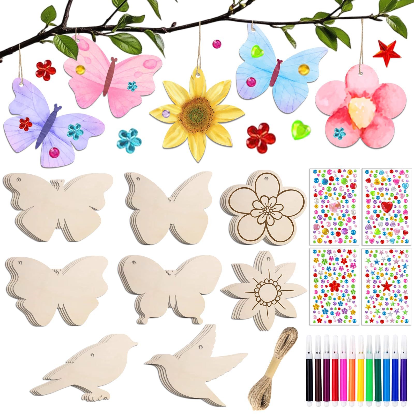 FOUORTUNATE-BEE Streudeko 57 Stück Bastelsets für Kinder, (Basteln Kinder Schmetterling Blume Vogel Holzanhänger zum Bemalen, Kindergeburtstag Basteln Mädchen, DIY Kreativsets mit Aquarellstift Edelsteinaufkleber 57-tlg)