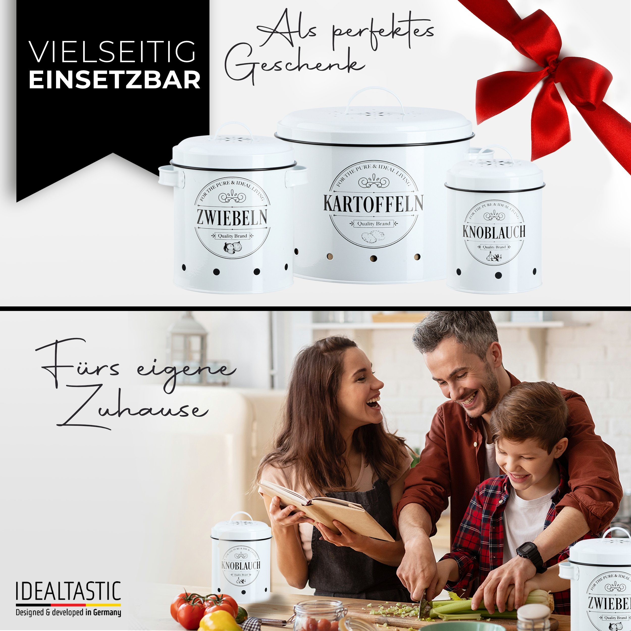 IDEALTASTIC Vorratsdose Premium Kartoffel Aufbewahrung, Zwiebel, Knoblauch Aufbewahrungsbox, Legirter Stahl, langlebig, Extra leicht, (Set, 3-tlg., 3-teiliges S – Bild 5 von 5