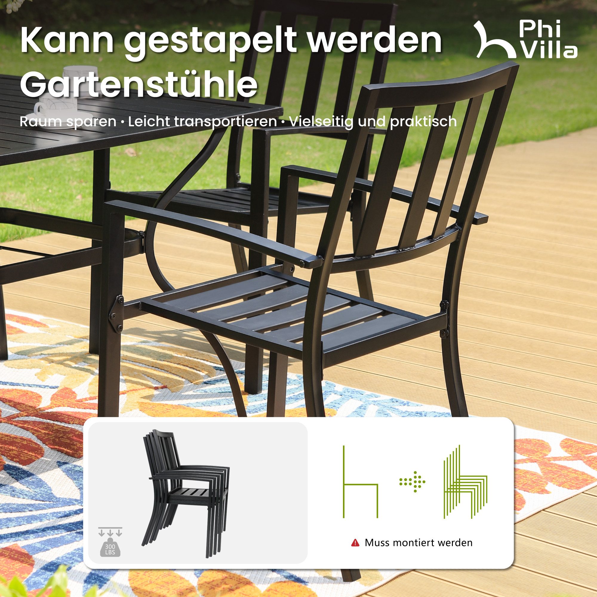 PHI VILLA Garten-Essgruppe, (Sparen für Terrasse Balkon, 4cm Schirmloch), 6 Stühle mit Tisch Rechteckig Garten Esstisch