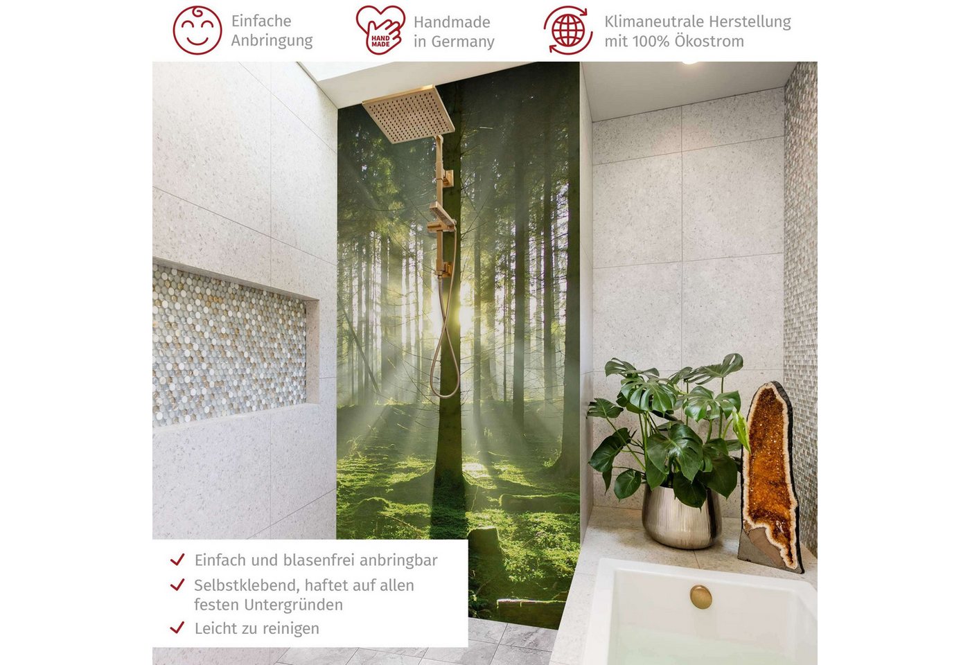 Thumbnail - Bilderdepot24 Badrückwand Fliesen Wald grün Duschrückwand ohne Bohren Dusche Natur, (1-tlg., Hart-Folie Premium matt 0,6...