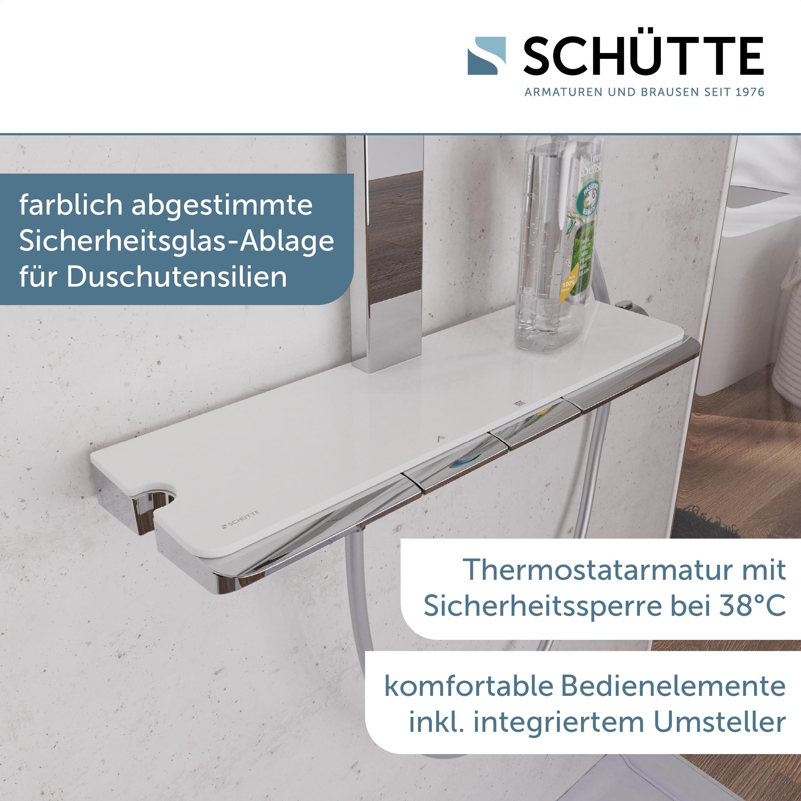 Schütte Duschsystem HAWAII Überkopfbrause-Set, Höhe 115 cm, 3 Strahlart(en), Komplett-Set, Inkl. Montagematerial und Dichtungen, mit Thermostatarmatur, Glasablage, Brausehalter