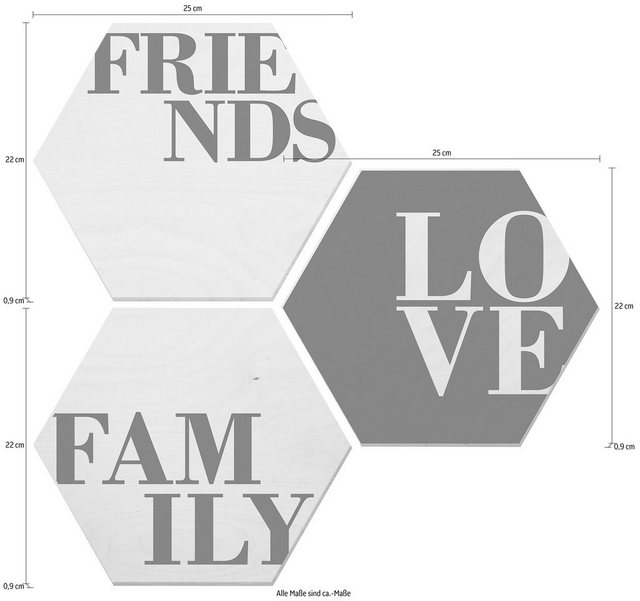 Wall-Art Alu-Dibond-Druck »Love, Friends, Family«, (Set)-Otto