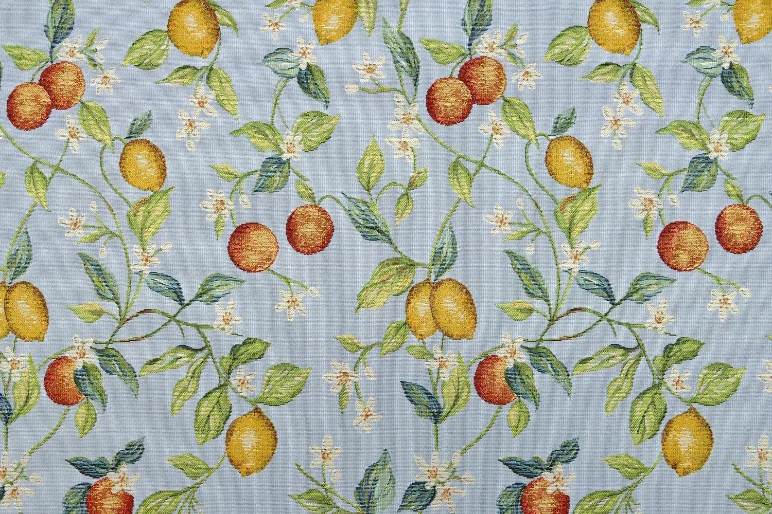 Stofferia Stoff Polsterstoff Gobelin Zitrusfrüchte Orange Zitrone Blau, Meterware