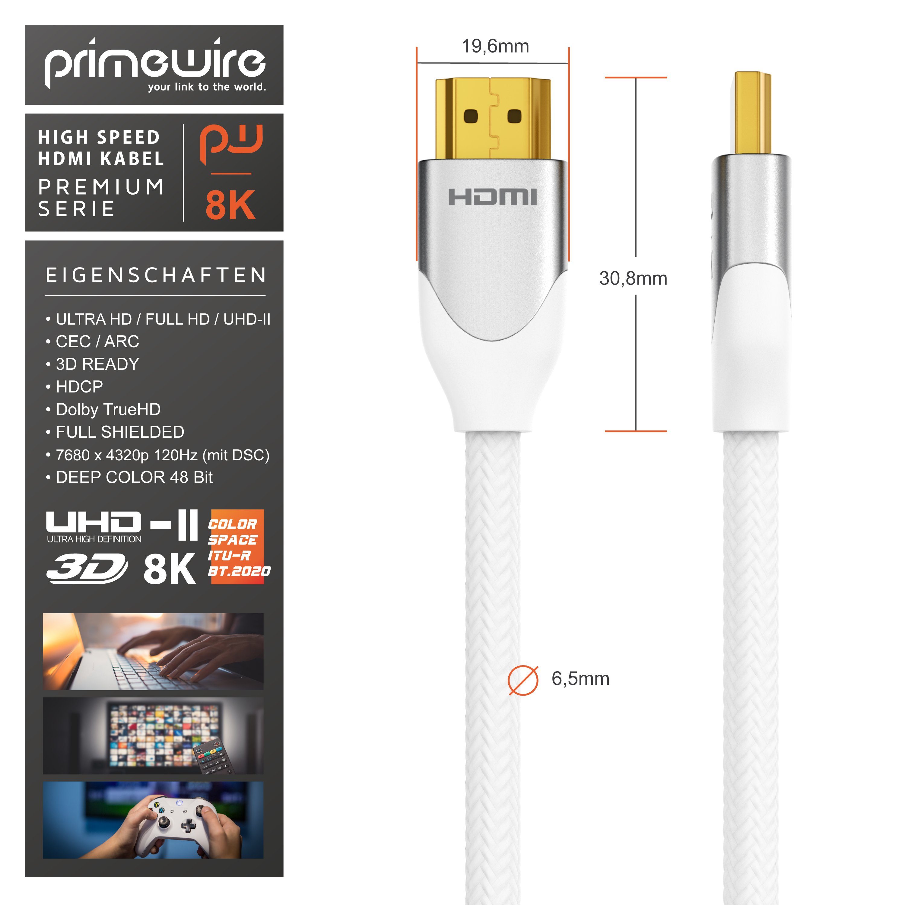 Primewire HDMI-Kabel, HDMI 2.1, HDMI Typ A Stecker auf HDMI Typ A Stecker  (50 cm), 8K, Premium, Nylonummantelung, 7680 x 4320 @ 120 Hz mit DSC - 0,5m