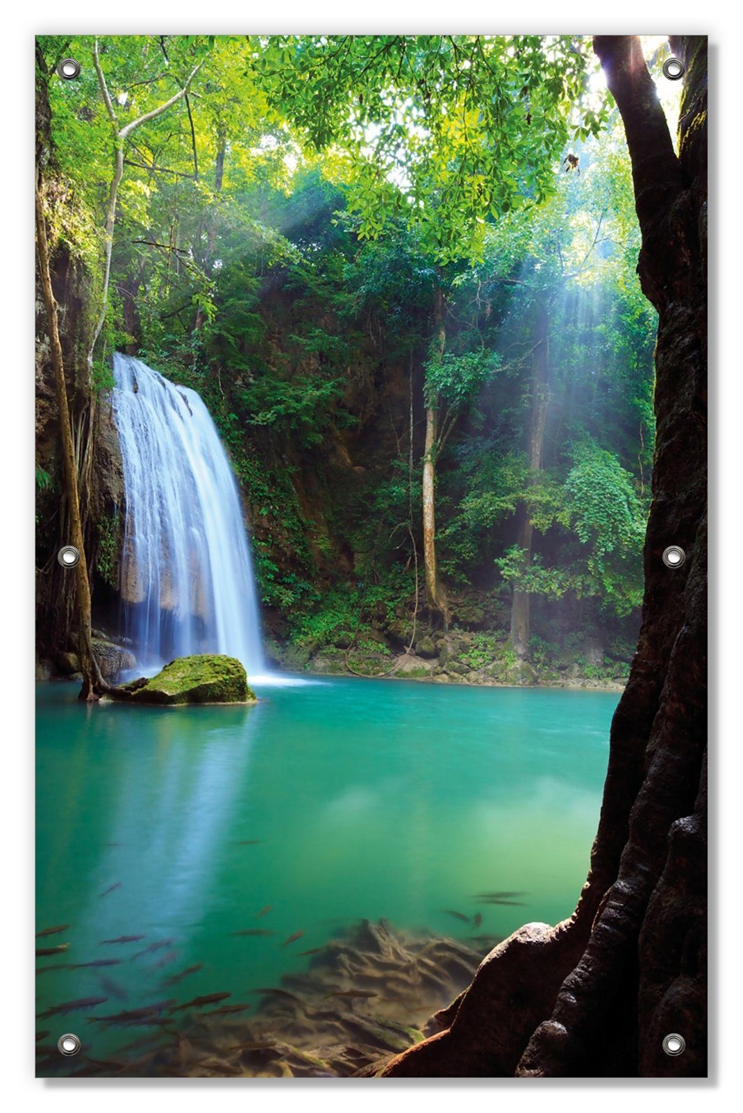 Sonnenschutz Wasserfall im Wald am See Idylle in Thailand, Wallario, blickdicht, mit Saugnäpfen, wiederablösbar und wiederverwendbar